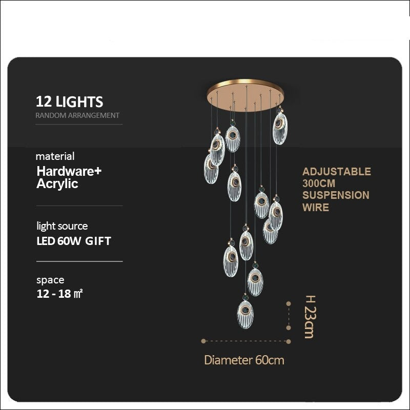 Exquisite Crystal Shell Staircase Chandelier - Modern Luxury Lighting Fixture for Foyer, Living Room & Dining Room Decor