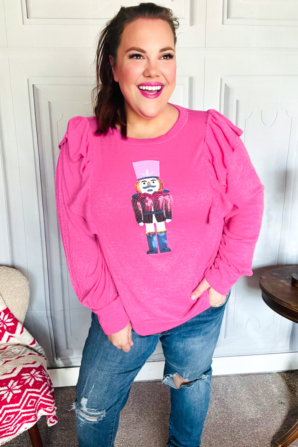 Festive Hot Pink Sequin Nutcracker Christmas Sweater with Ruffle Hacci Knit - Perfect for Holiday Parties, Ugly Sweater Contests & Winter Gatherings