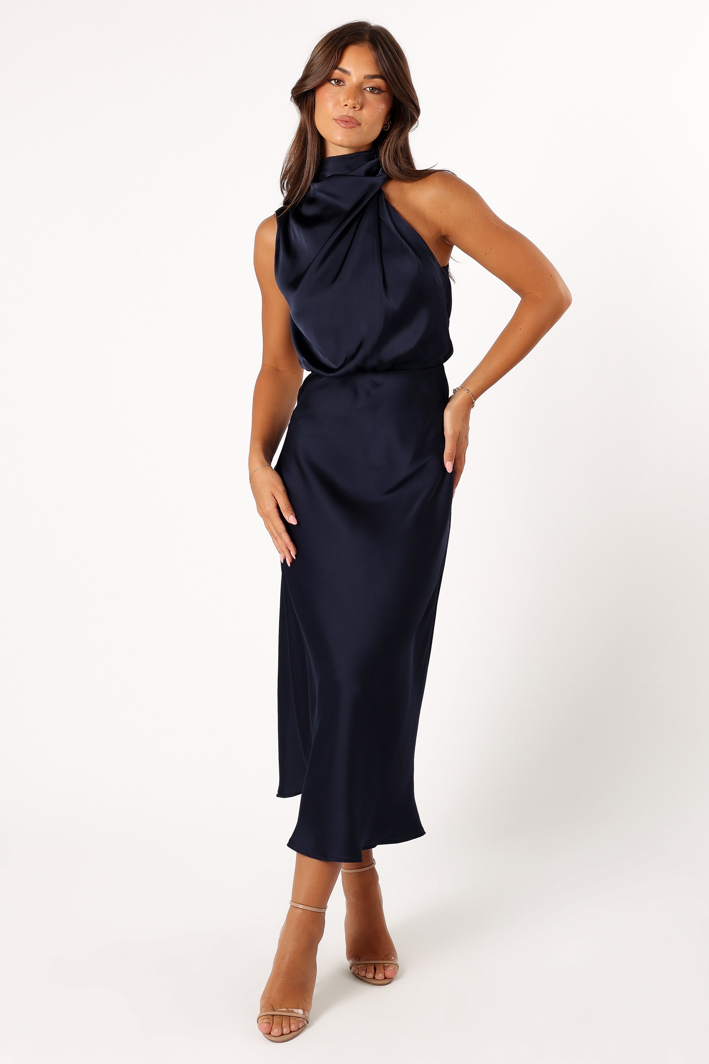Anabelle Women's Halter Neck Midi Dress - Navy Blue Flowy Summer Dress for Beach, Wedding & Party Occasions