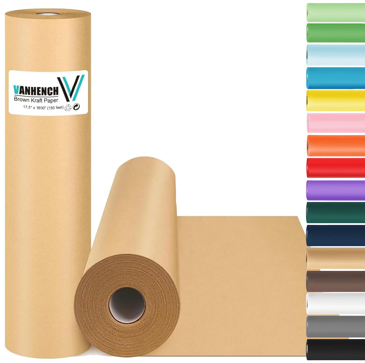 Vanhench Brown Kraft Paper Roll 17.5x1800 Inches (150 Feet) - 65GSM 45LB Heavy Duty Wrapping Paper for Gift Wrapping, Bulletin Board Decor, Arts & Crafts, Flower Bouquet Packaging, Table Covering, Poster Backing, Shipping and Moving Supplies - Perfect for Home, Office & School Projects