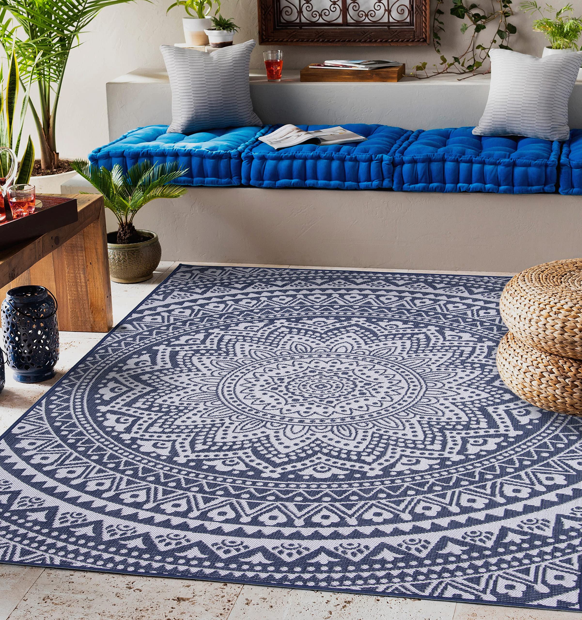Mandala Design Hippie Area Rug - Stain Resistant, Washable & Waterproof Indoor Outdoor Rug for Patio, Balcony, Living Room, Kitchen, Bedroom - Perfect for Boho Decor, Yoga Space & Meditation Room (6.5'x9', Navy Blue)