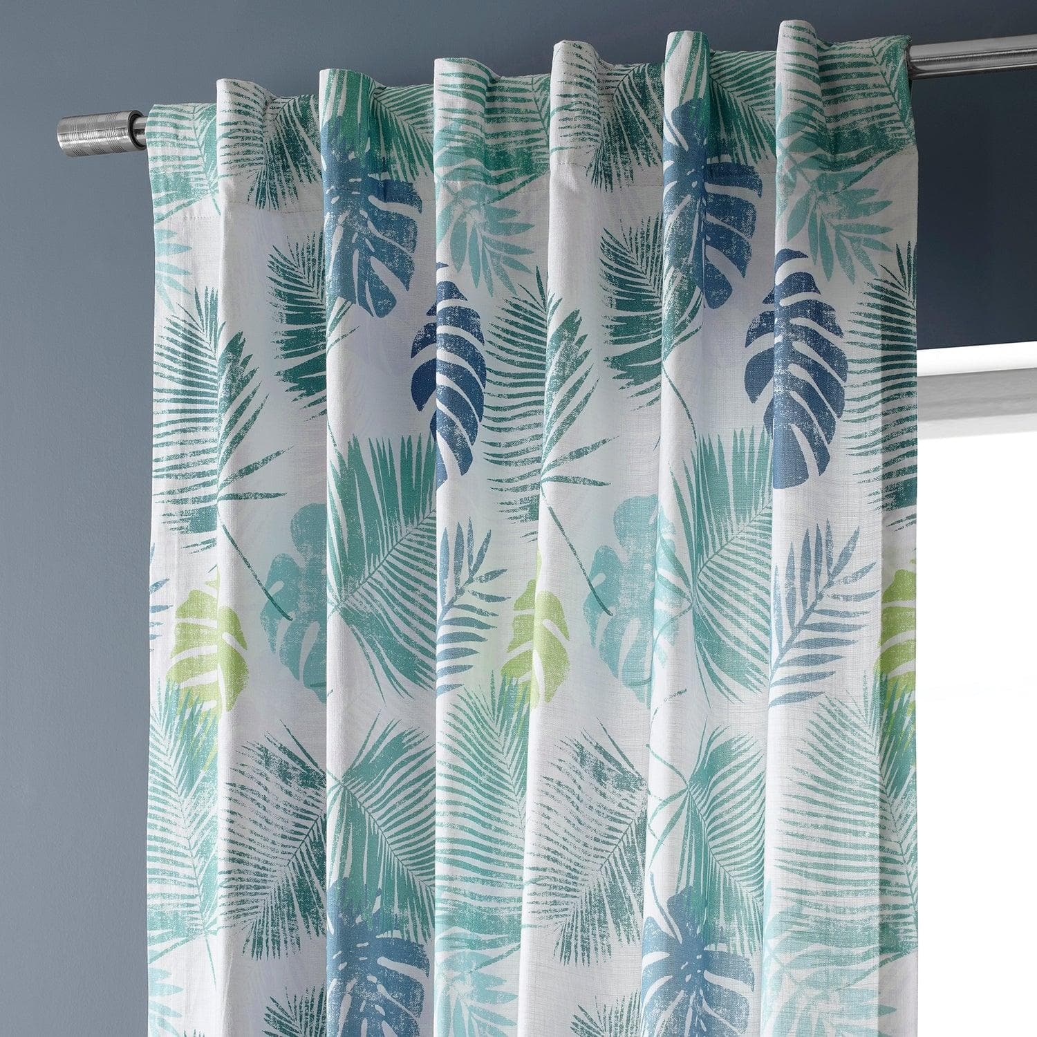 Light Blue Green Floral Printed Cotton Curtains for Living Room & Bedroom - Rainforest Inspired Textured Window Drapes