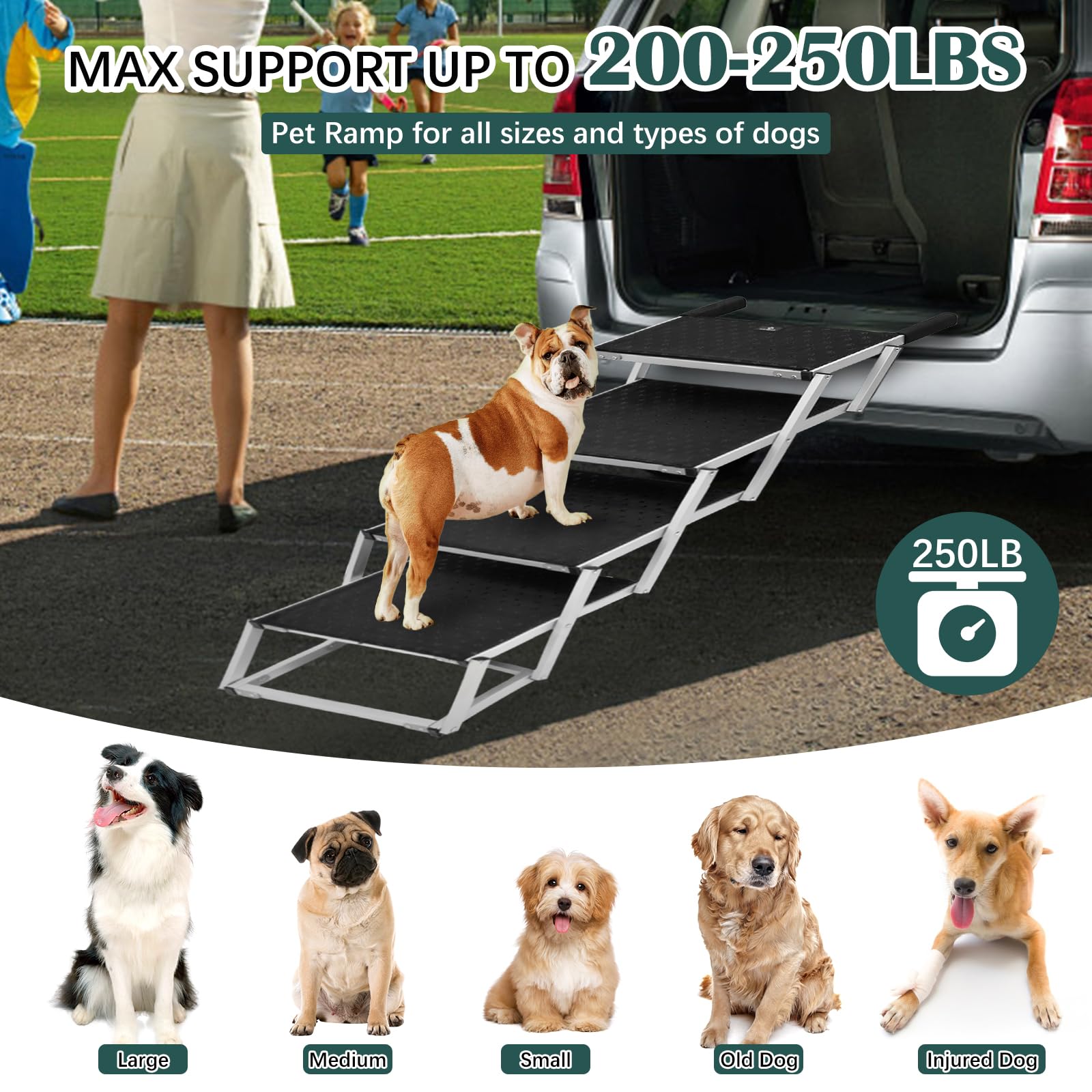 Extra Wide 4-Step Foldable Dog Ramp for Cars, SUVs & Trucks - Lightweight Aluminum Pet Steps for Large Dogs Up to 200lbs - Perfect for High Beds, Vehicles & Outdoor Adventures