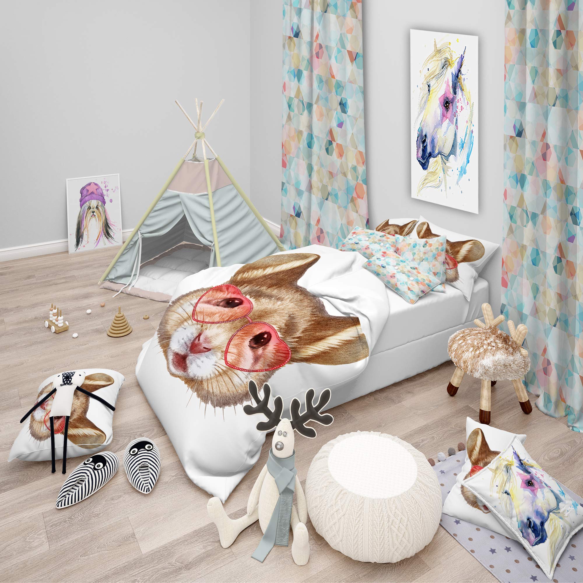 Funny Mouse with Heart Glasses Twin Size Duvet Cover Set - 3 Piece Brown Animal Print Bedding for Kids & Teens - Soft All-Season Comforter Cover for Bedroom Decor & Cozy Sleep