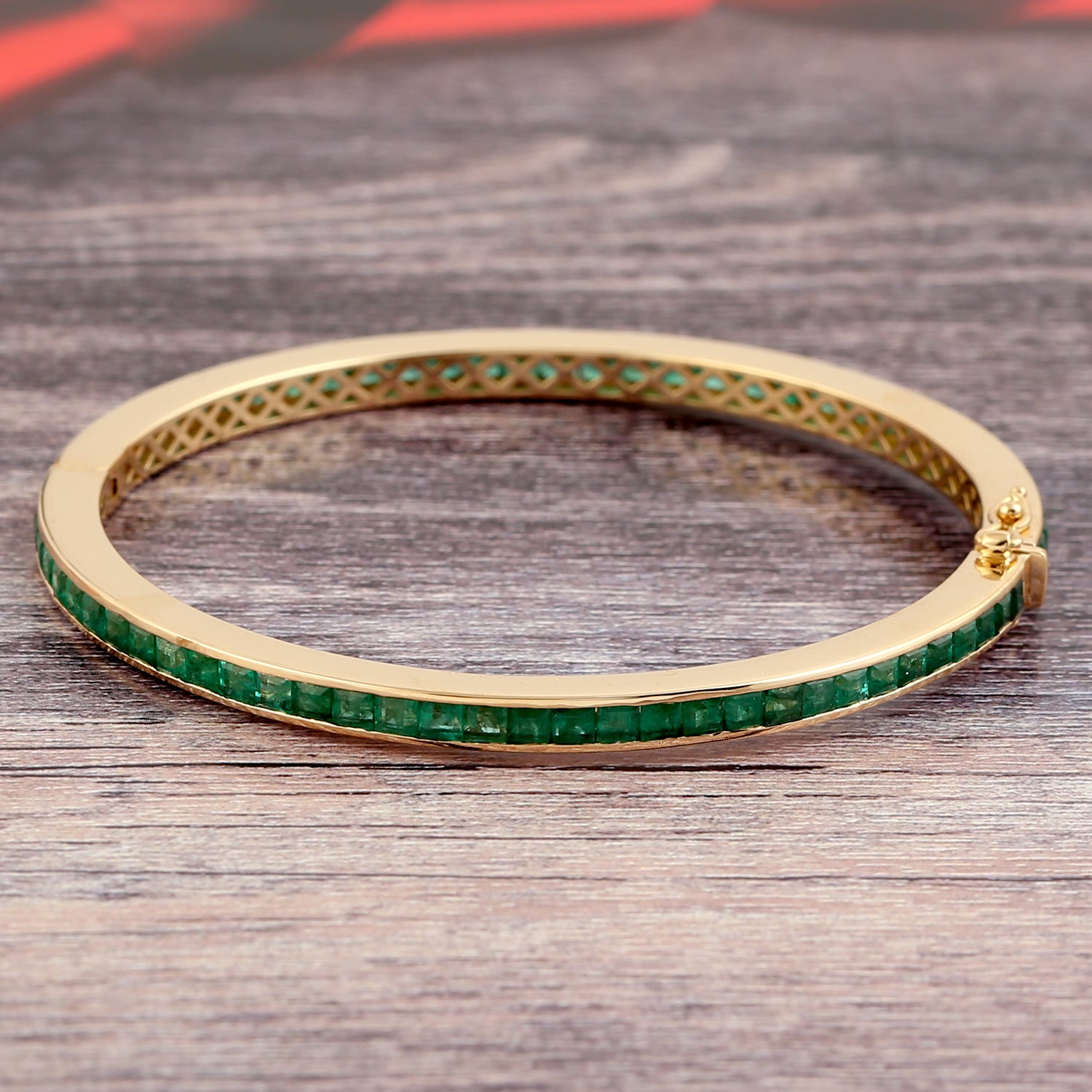 18K Yellow Gold Channel Set Emerald Bangle Bracelet for Women - Elegant Jewelry Gift for Her, Perfect for Weddings, Anniversaries & Special Occasions
