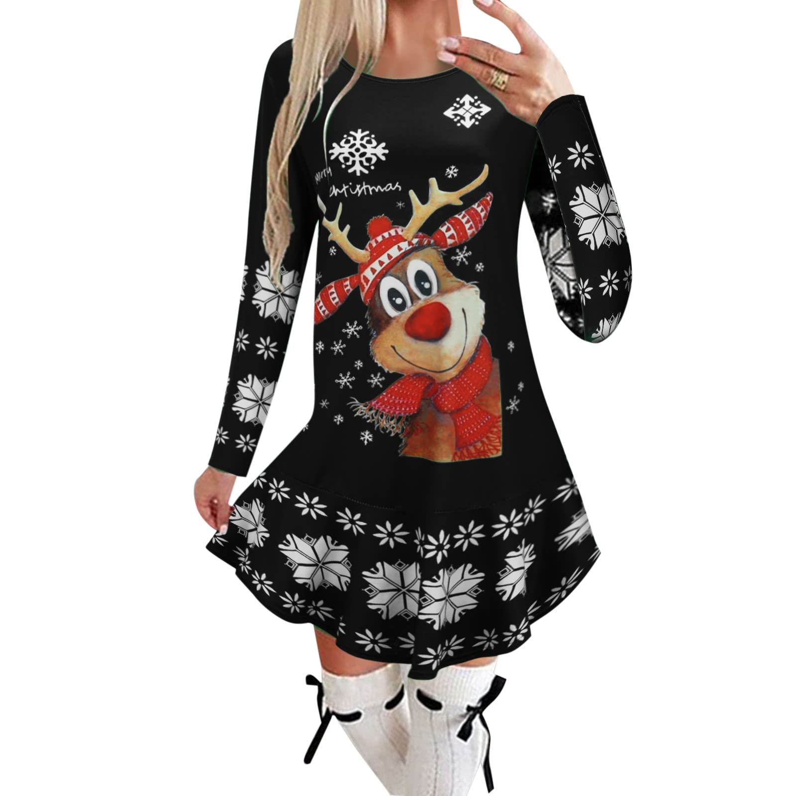 Women's Christmas Printed Round Neck Long Sleeve Dress - Casual Sexy Winter Party Dress for Holiday Gatherings, Office Parties & Festive Celebrations