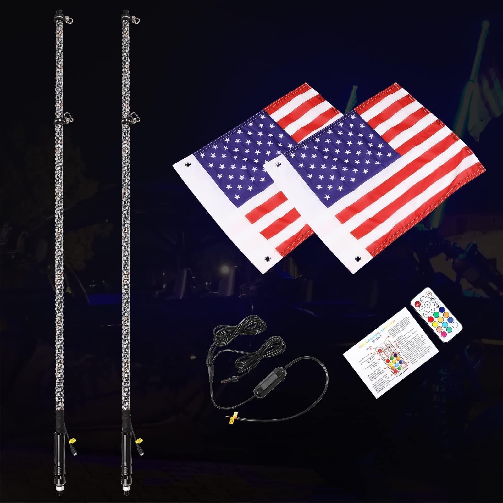 AKD 2Pcs 5FT RGB LED Whip Lights for UTV ATV SXS - Remote Control Spiral Chasing Lights with Flags | Compatible with Polaris RZR, Can-Am, Kawasaki, Honda, Yamaha | Perfect for Off-Roading, Night Rides & Boat Parties