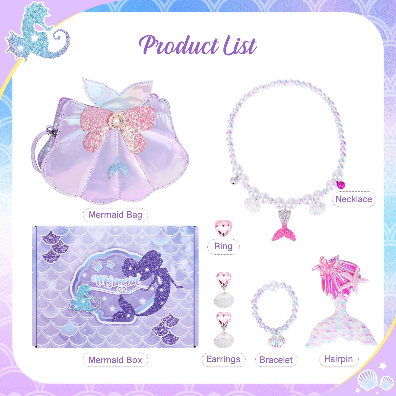 Belle&Birdie Little Girl Purse Set with Seashell Toys & 6-Piece Dress Up Jewelry - Pretend Play Accessories for Toddlers & Kids - Perfect for Birthday Gifts, Tea Parties & Dress-Up Play