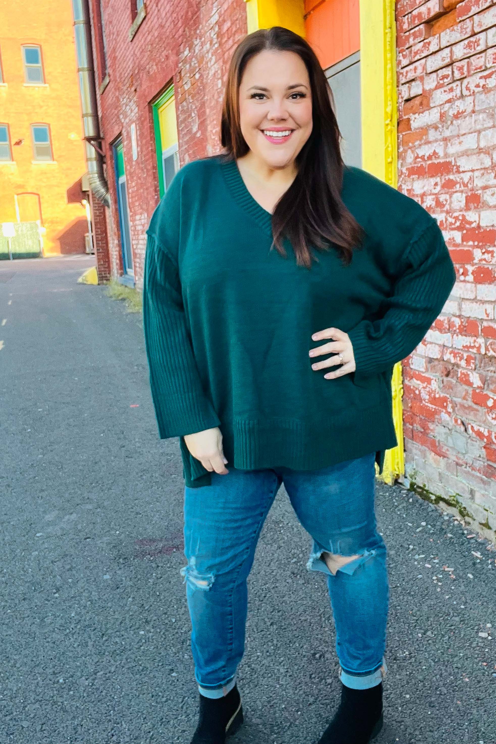 Stylish Hunter Green Oversized V-Neck Rib Knit Sweater for Women - Cozy Fall & Winter Layering Essential