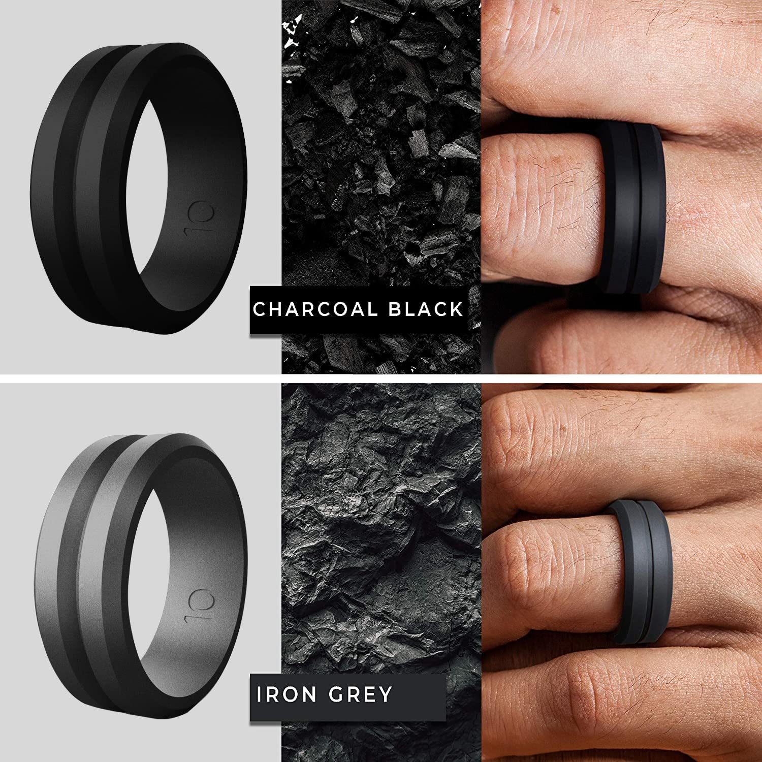 Men's Silicone Wedding Rings - 4 Pack Fashion Comfort Rings for Sports & Daily Wear - Black, Silver Grey, Brown, Green - Durable Metallic Style Bands for Gym, Work, Travel & Outdoor Activities