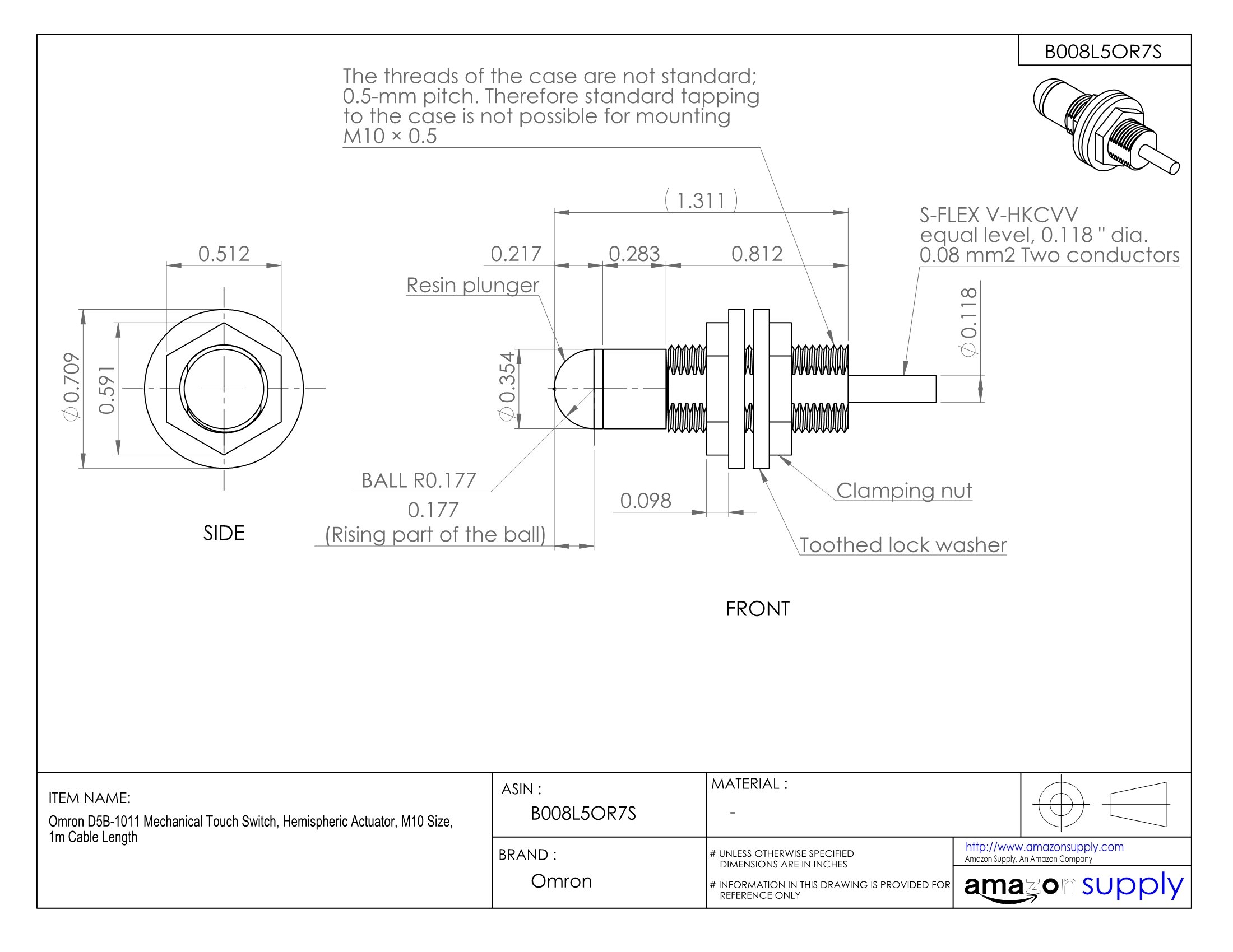 Omron D5B-1011 Mechanical Touch Switch with Hemispheric Actuator | M10 Size | 1m Cable | Industrial Automation & Control Panel Use
