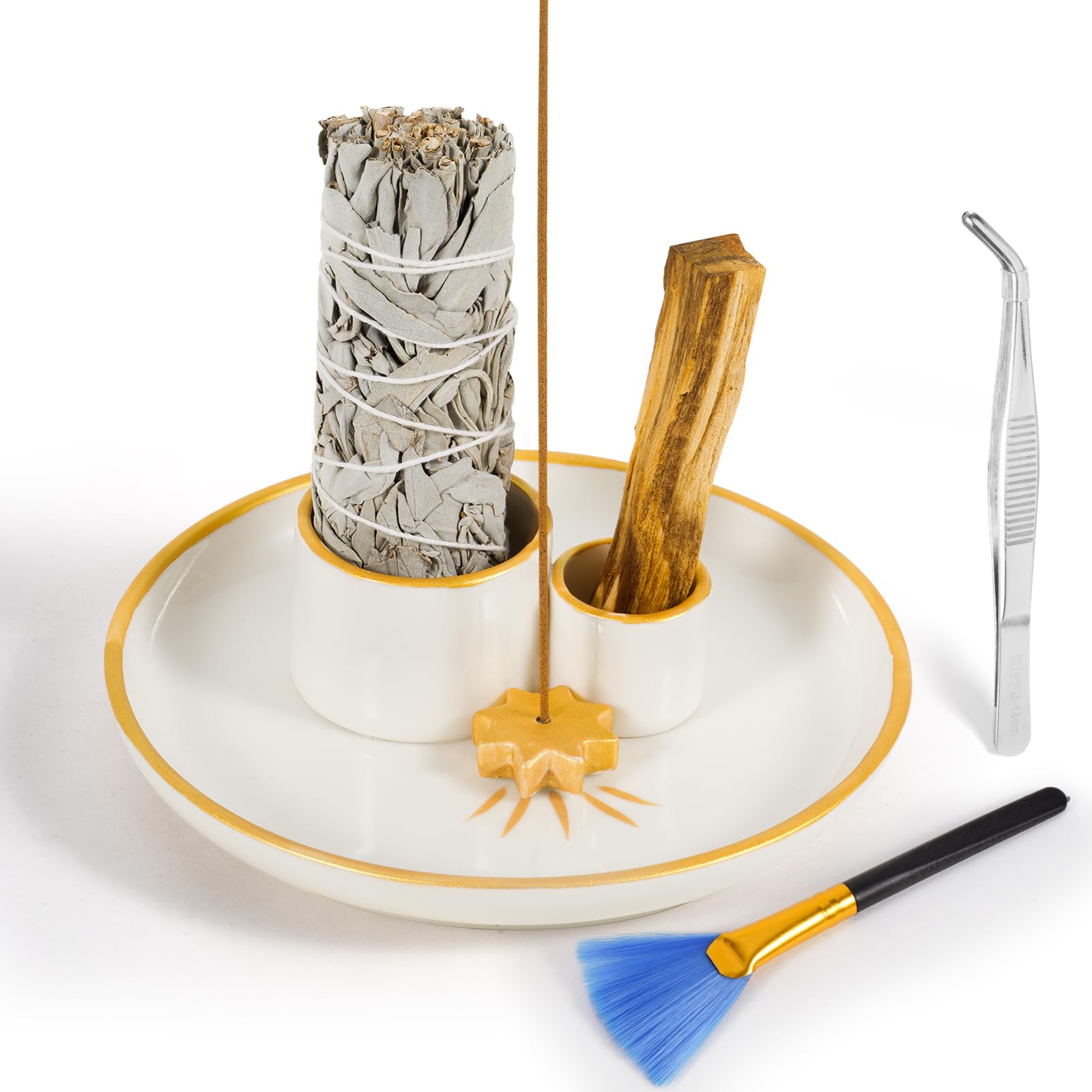 5 in 1 Ceramic Incense Holder - Sage & Palo Santo Burner with Ash Catcher Tray for Meditation, Yoga & Smudging Rituals - Perfect for Home, Office & Spiritual Practices