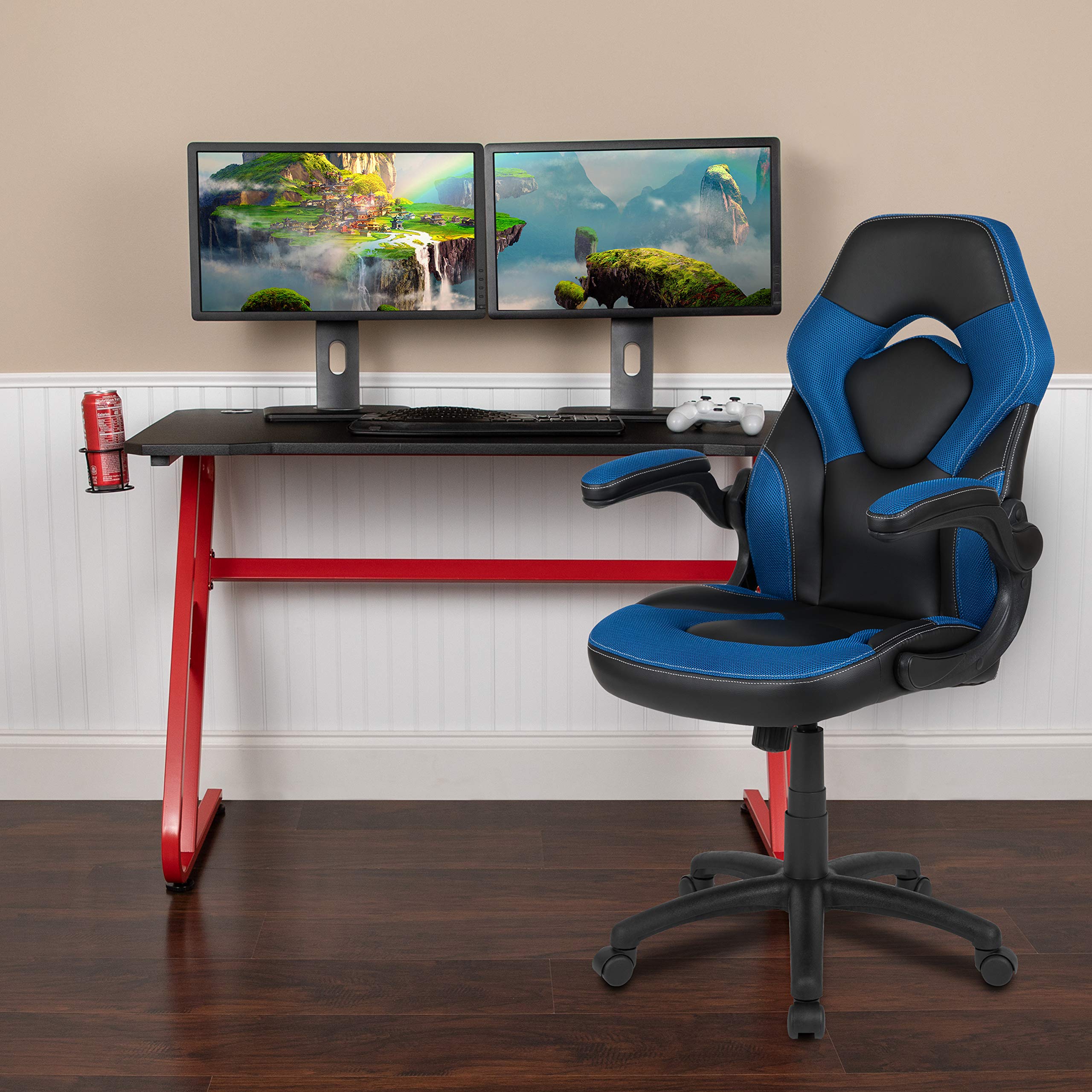 Flash Furniture Red Gaming Desk & Blue/Black Racing Chair Set with Cup Holder, Headphone Hook - Perfect for Esports, Streaming & Home Office Gaming Setup