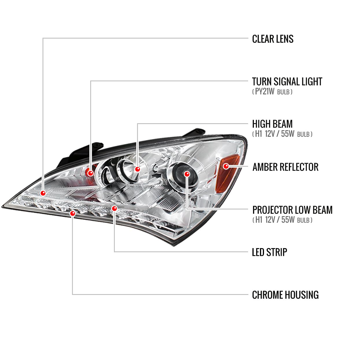 2010-2012 Hyundai Genesis Coupe Clear LED DRL Projector Headlights Pair (Left & Right) - High Visibility Daytime Running Lights for Enhanced Safety & Style