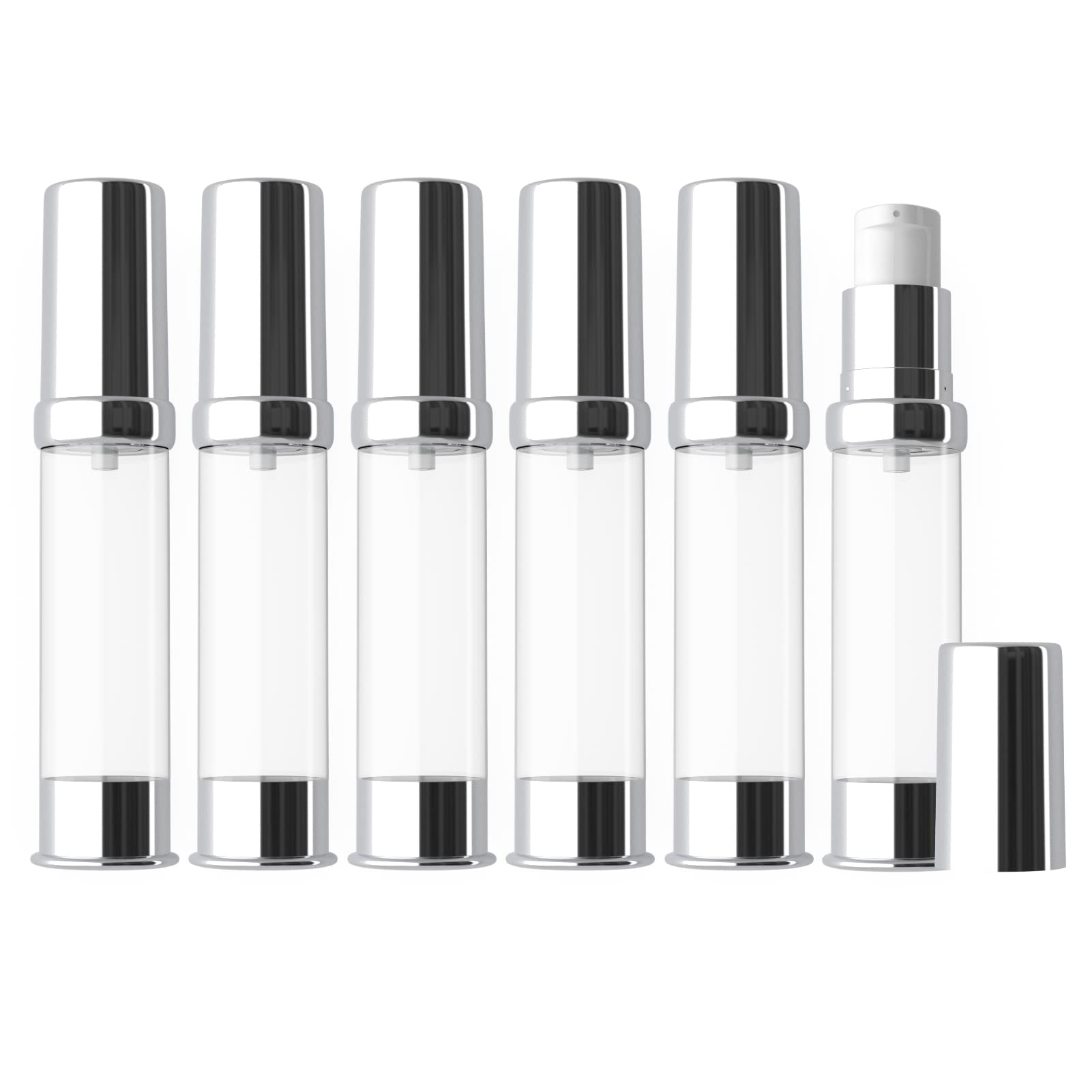 6Pcs 10ml Silver Airless Pump Bottles - Leakproof Travel Size Containers for Serum, Foundation & Skincare | Perfect for Toiletries, Makeup & Mini Beauty Products On-The-Go