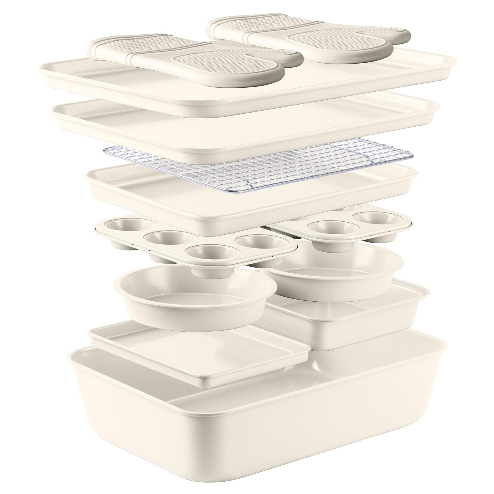 Nonstick Stackable Bakeware Set - 13-Piece Durable & Easy Release Country Kitchen Baking Set in Cream - Perfect for Cakes, Cookies, Pies & Family Gatherings