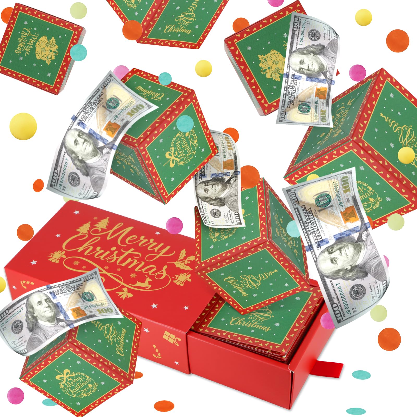 DIY Pop Out Folding Explosion Money Gift Box with Confetti - Christmas Birthday Surprise Cash Present for Women, Men & Kids - Perfect for Holidays, Parties & Special Occasions (Red)