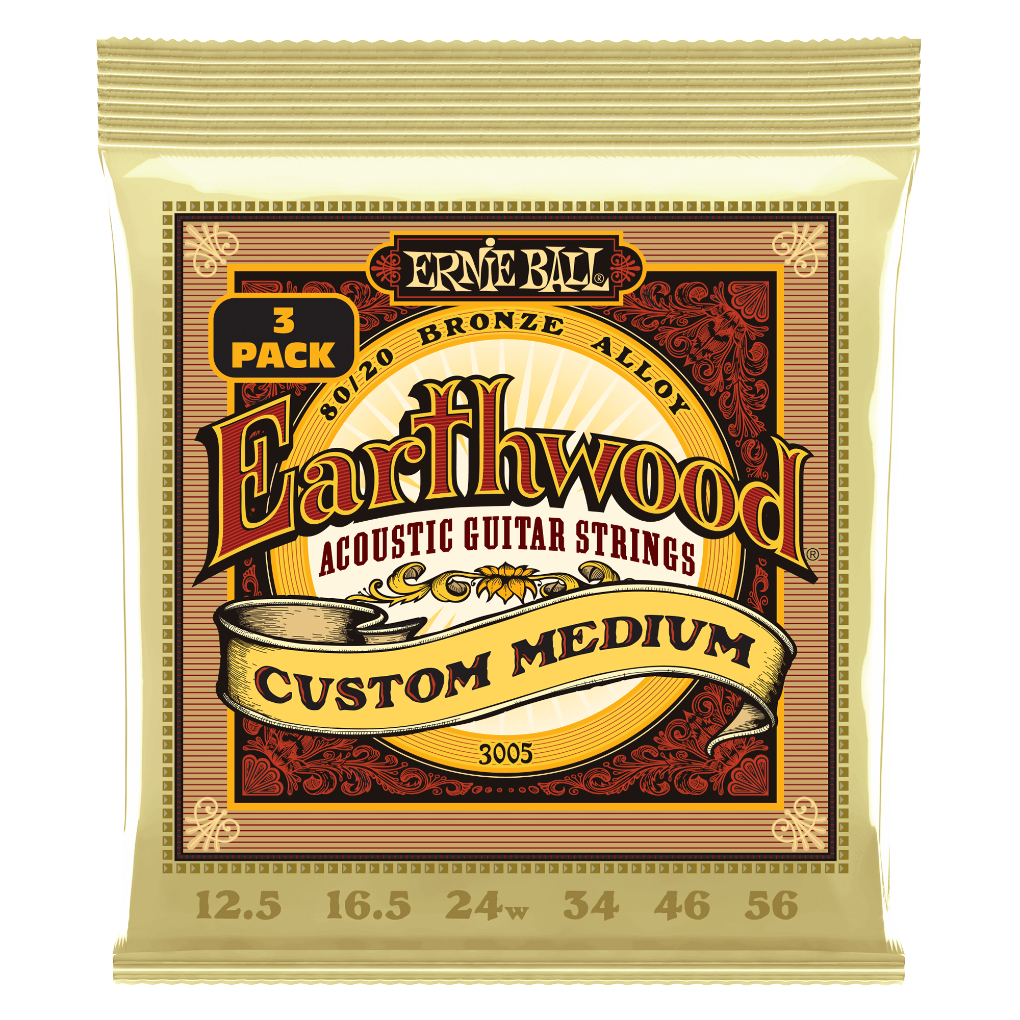 Ernie Ball Earthwood Custom Medium 8020 Bronze Acoustic Guitar Strings - 3 Pack (12.5-56 Gauge) | Perfect for Studio Recording & Live Performances