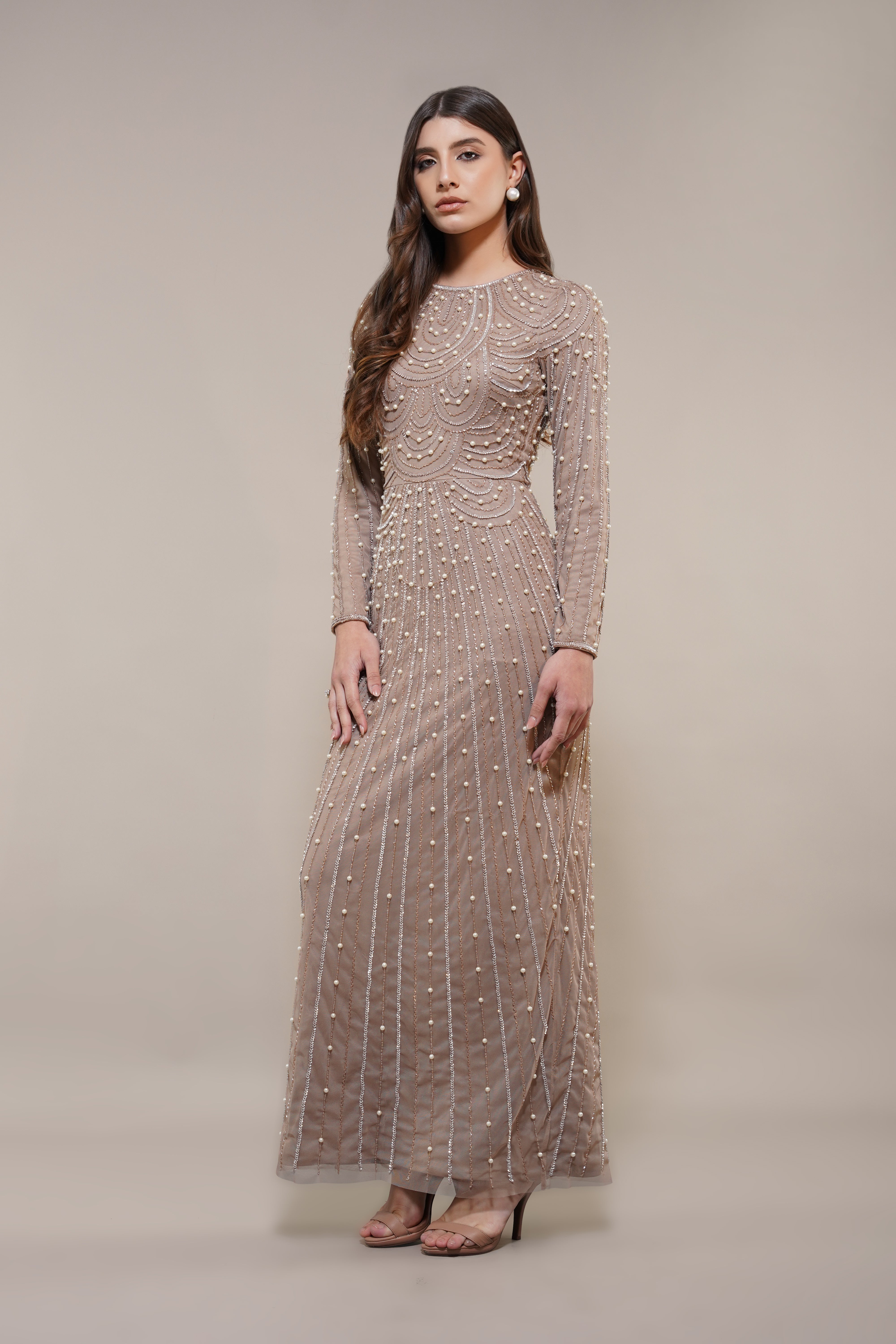 Elegant Mabel Embellished Maxi Dress in Taupe - Perfect for Weddings, Parties & Special Occasions