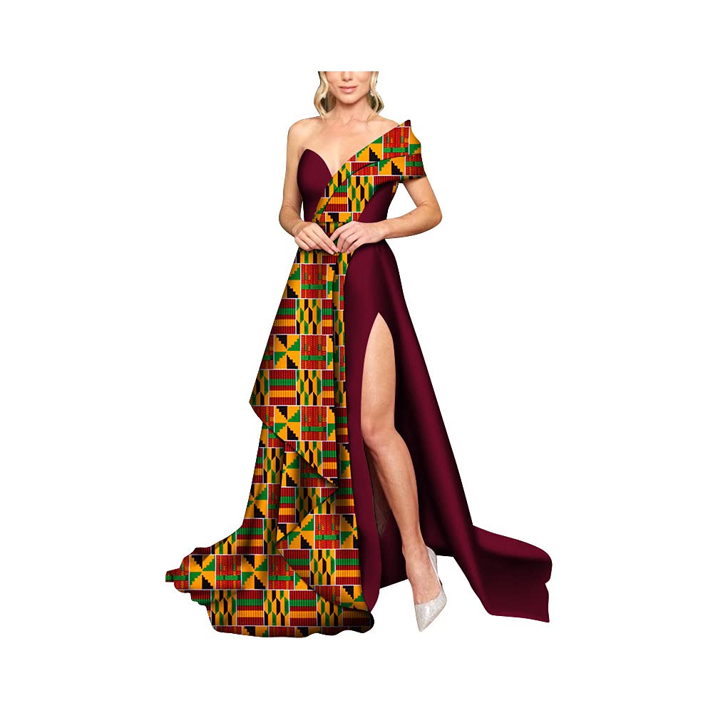 BAZINRICHE African Print Dress for Women - Elegant Dashiki One Shoulder Dress with High Slit | Sexy & Stylish African Fashion for Parties, Weddings & Special Occasions