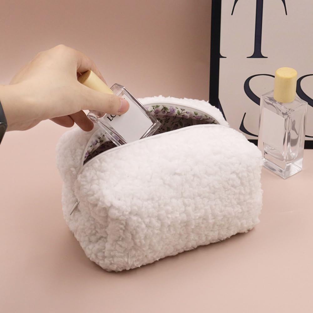 Soft Plush Makeup Bag for Women - Large Capacity Travel Cosmetic Organizer with Aesthetic Design, Preppy Style Cosmetic Pouch for Purse - Perfect for Makeup Storage, Travel Essentials & Daily Use (White)