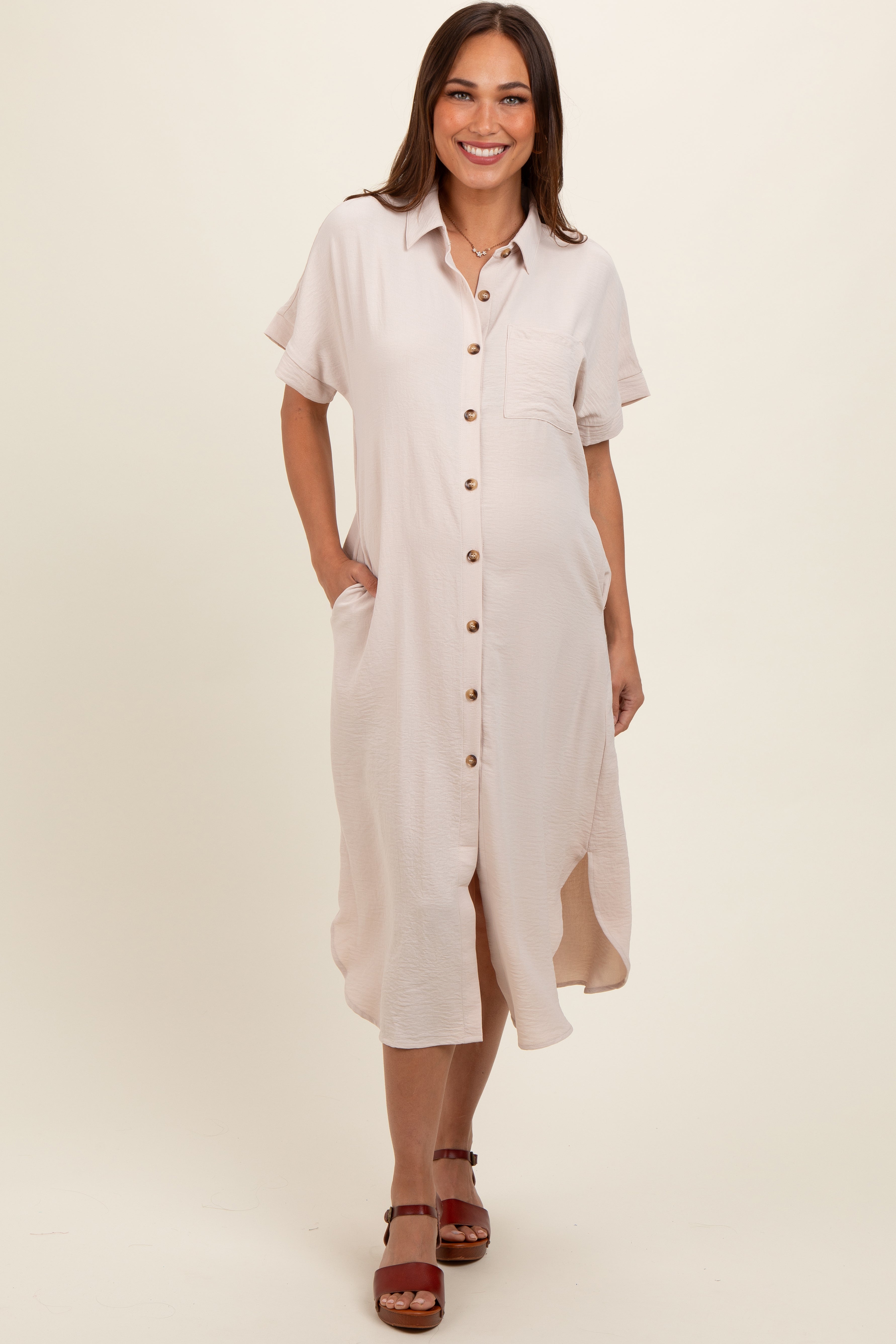 Beige Button Down Maternity Dress with Front Pockets - Flowy Midi Length for Pregnancy Comfort | Perfect for Baby Showers, Maternity Photos & Everyday Wear