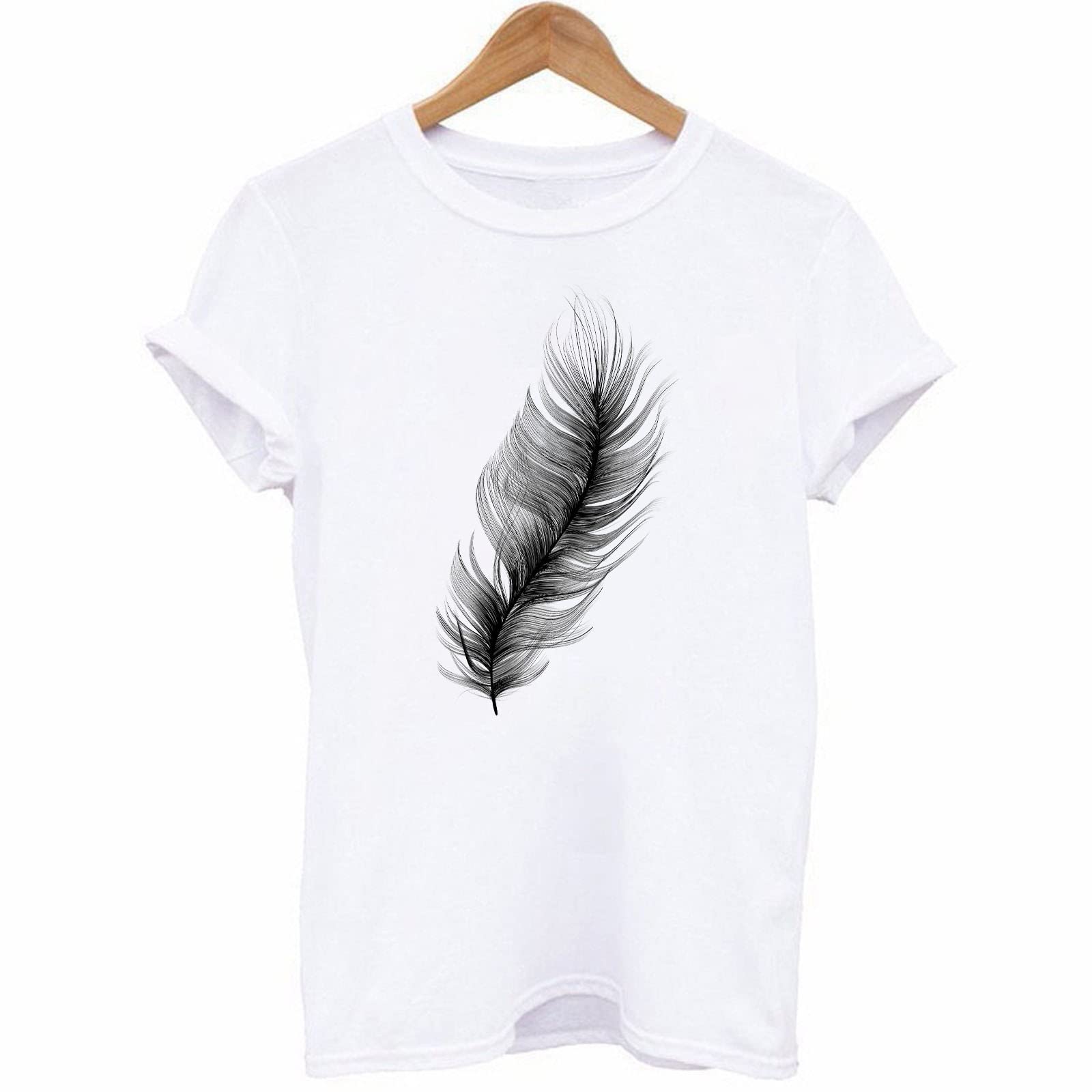 2024 Women's Summer Tops - Feather Print Short Sleeve Graphic Tees for Casual & Dressy Outfits | Cute Basic T-Shirts for Beach, Vacation & Everyday Wear