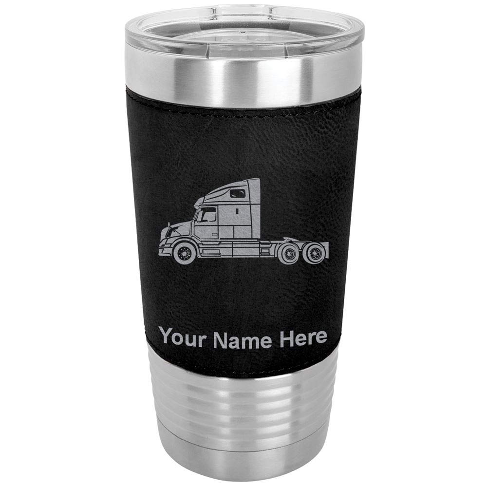 LaserGram 20oz Vacuum Insulated Stainless Steel Tumbler Mug with Personalized Engraving - Leakproof Travel Coffee Cup for Truck Drivers, Office & Outdoor Use (Faux Leather, Black)