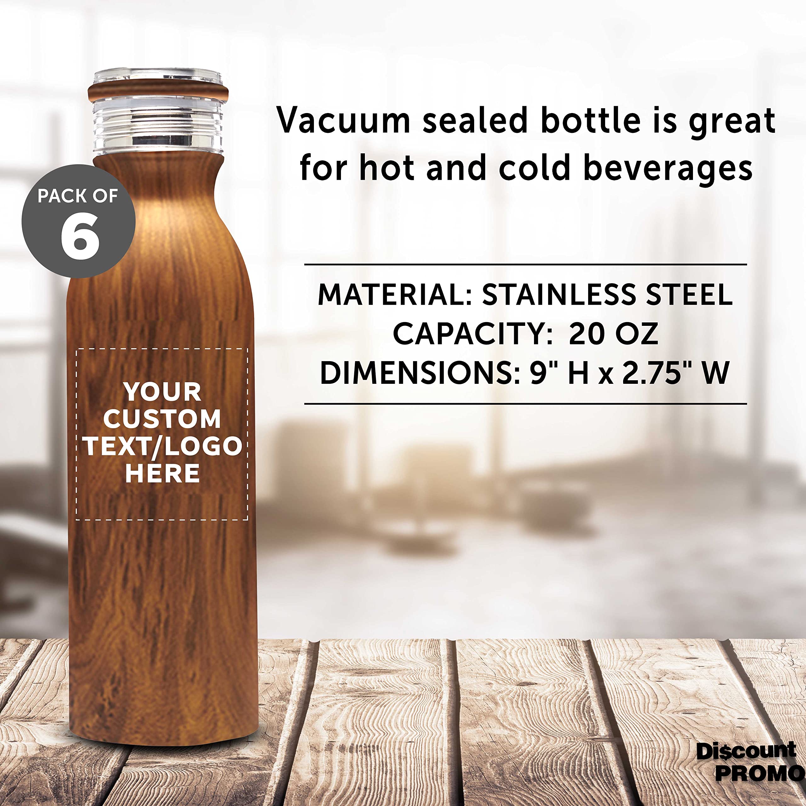 Echo 20 oz Custom Stainless Steel Water Bottles Set of 6 - Personalized Bulk Pack with Double Wall Insulation - Ideal for Coffee, Tea, Soda & Cold Drinks - Perfect for Office, Gym, Hiking & Outdoor Activities - Wood Lid Design