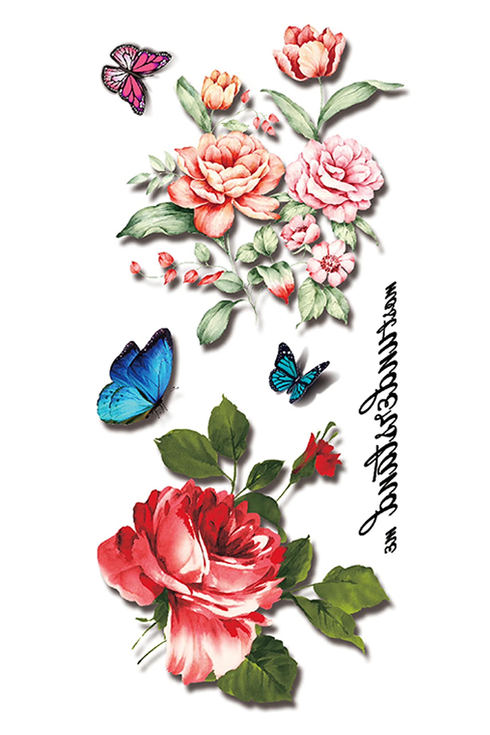 Waterproof Temporary Tattoo Stickers for Men & Women - 3D Realistic Flowers, Butterflies, Stars, Angels, Wolves & Armband Designs (3D-54, 19x9cm) - Perfect for Parties, Halloween, Cosplay & Body Art