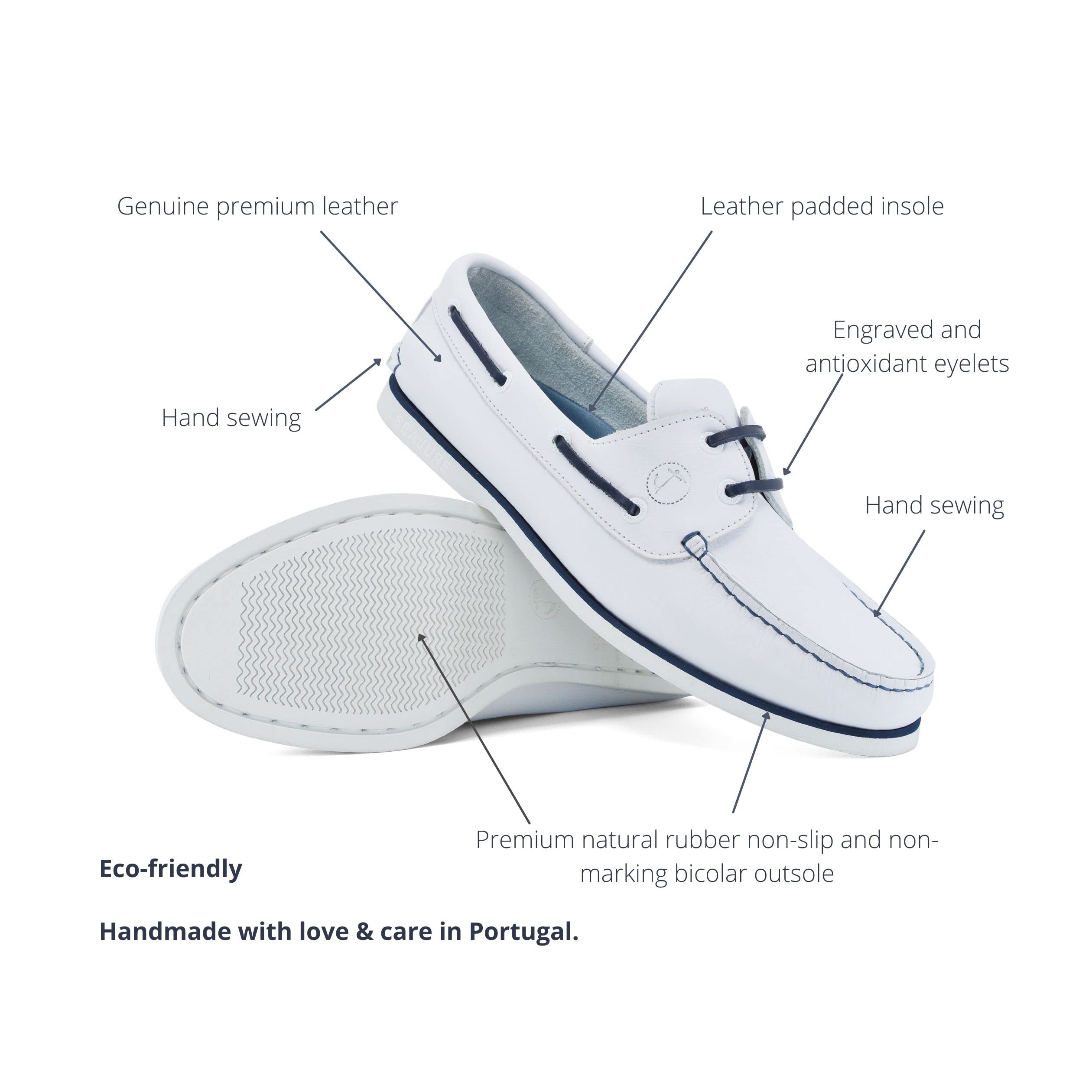 Seajure Men's Boat Shoes - White & Navy Blue Leather Deck Shoes for Casual Wear, Sailing, and Outdoor Activities