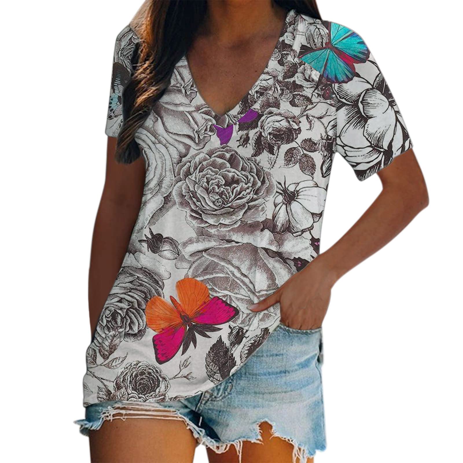 FMCHICO Women's Summer Floral Print V-Neck Short Sleeve T-Shirt - Casual Cute Blouse for Beach, Vacation & Everyday Wear