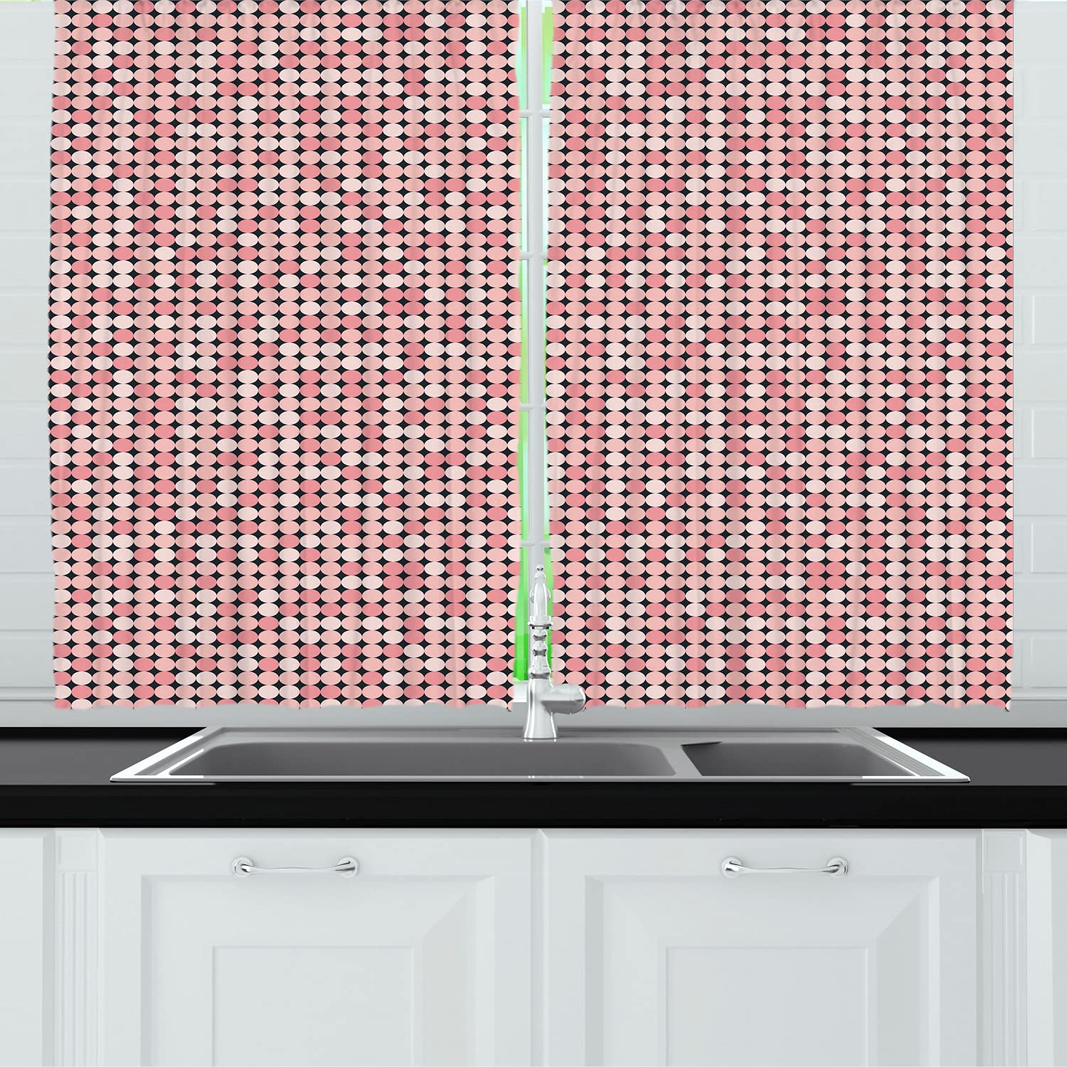 Ambesonne Pink and Grey Kitchen Curtains - Polka Dot Geometric Design with Rod Pocket, 55