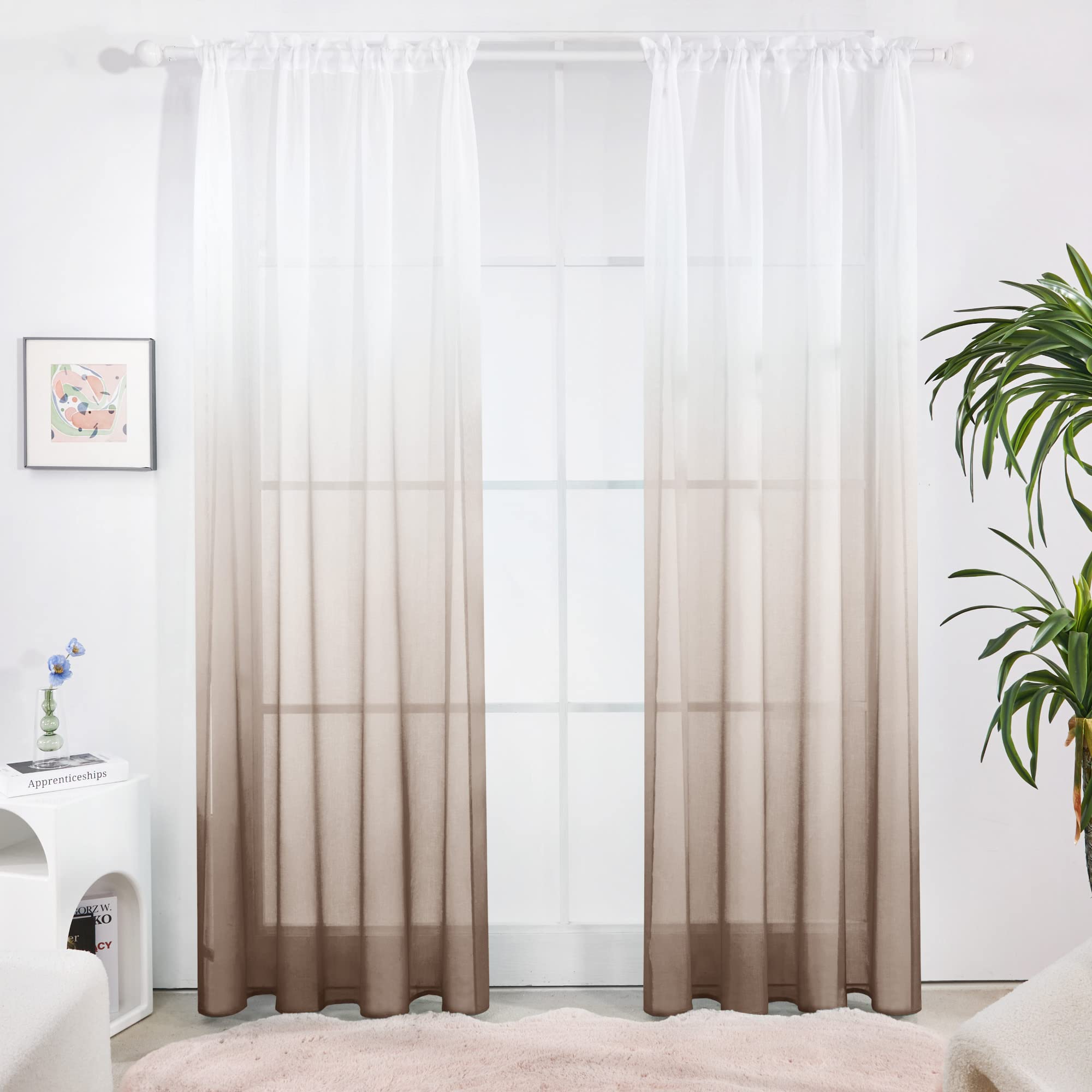 Deconovo Ombre Brown Semi Sheer Curtains - 52x90 Inch Faux Linen Voile Window Panels (Set of 2) with Rod Pocket for Bedroom & Living Room - Gradient Sheer Drapes for Natural Light Filtering & Home Decor