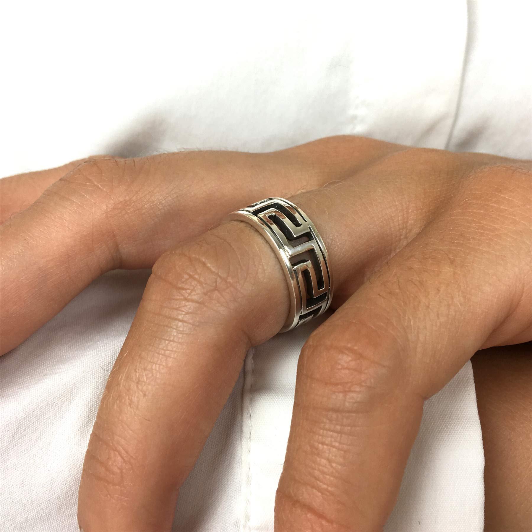 Sterling Silver Rings for Women and Men - 925 Solid Silver Greek Key Cut-Out Wedding Band Set (His & Hers) - Classic Ancient Fret Design Promise Rings - Perfect for Anniversaries, Engagements and Couple Gifts