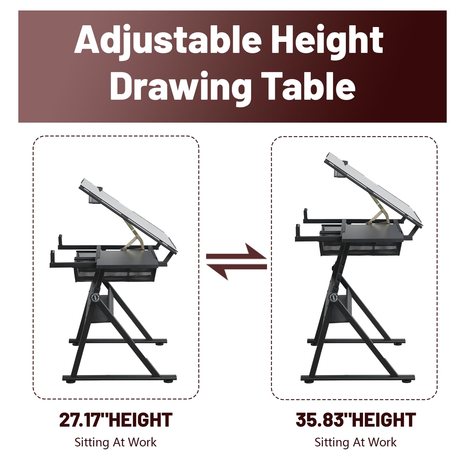 Adjustable Drafting Table with Stool Set - Tempered Black Glass Art Desk for Drawing, Painting & Sketching - Ergonomic Height & Angle Adjustments for Artists, Designers & Home Office Use