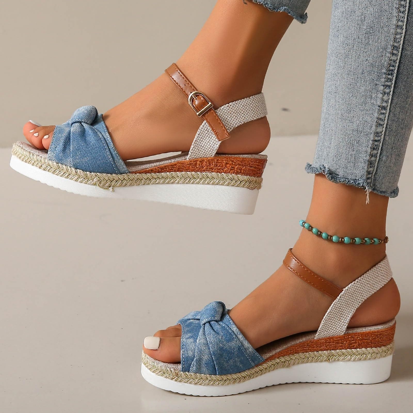 Women's Summer Wedge Fish Mouth Roman Sandals - Dressy Blue Sandals Size 38 | Comfortable & Stylish for Beach, Vacation, and Casual Outings