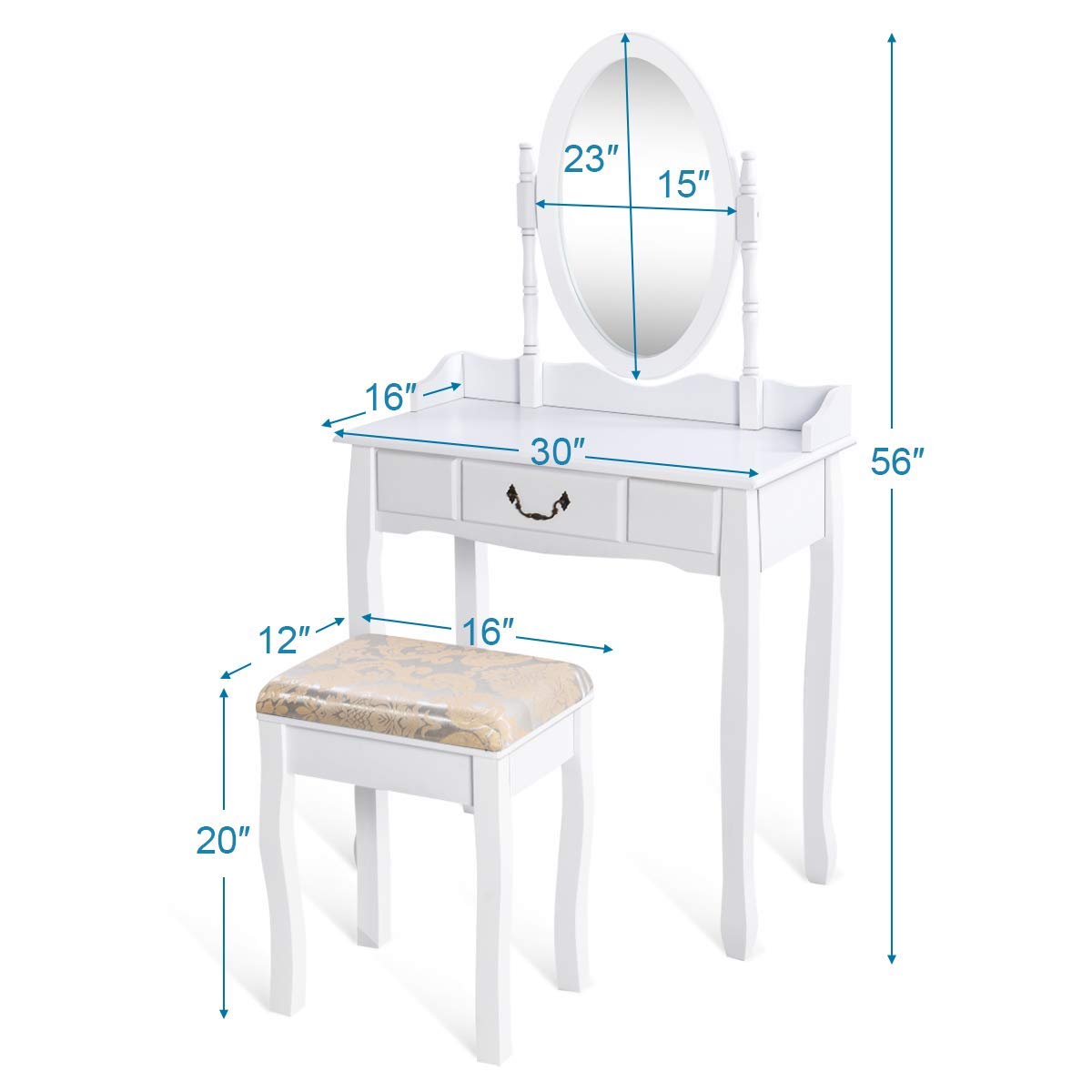 360° Rotating Makeup Vanity Table with Cushioned Stool - Solid Wood & MDF Beauty Dressing Table with Pull-Out Drawer, Bronzed Handles - Perfect for Daily Makeup, Beauty Routine & Bedroom Decor