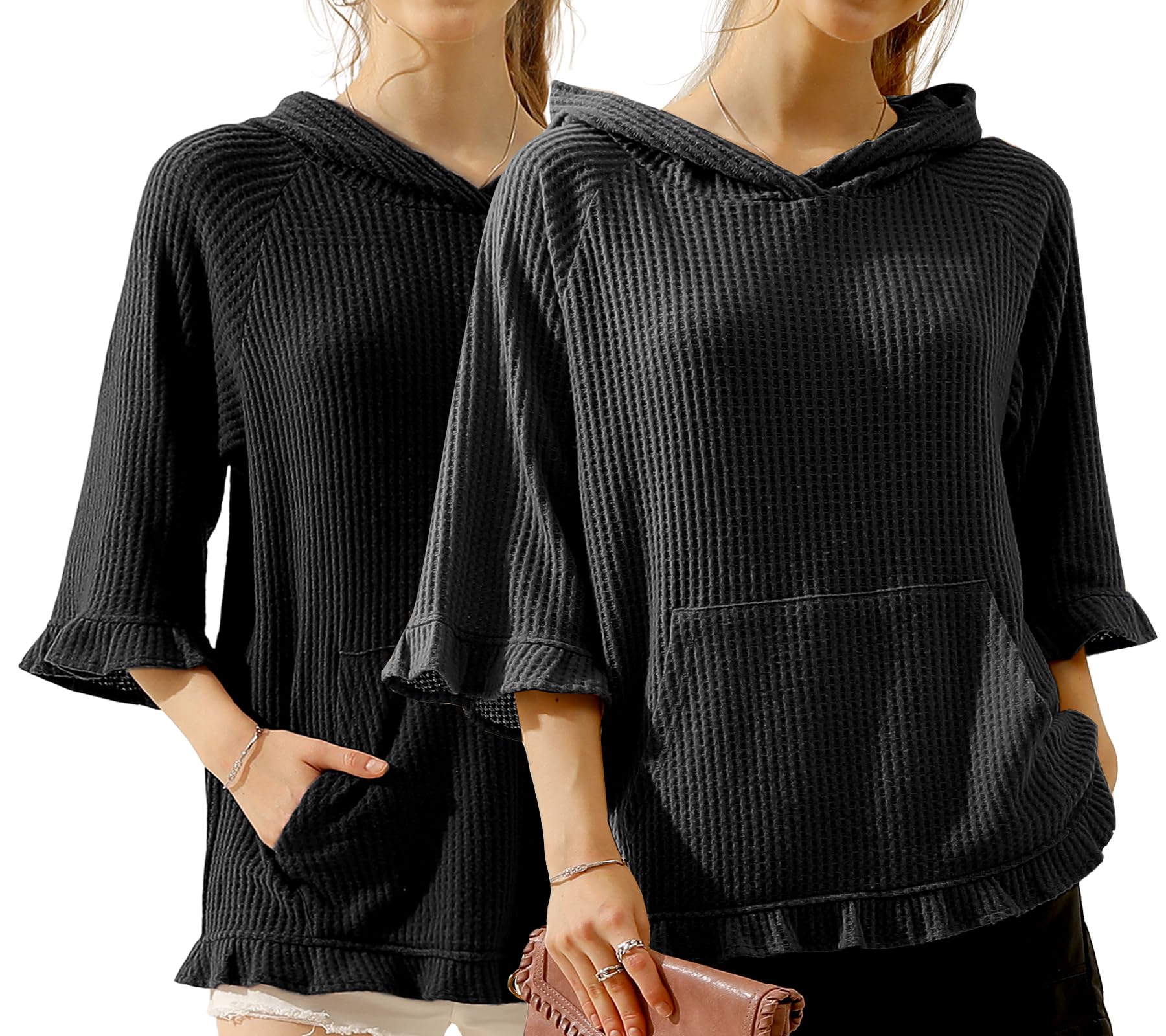 DOUBLJU Women's 2-Pack Oversized Hoodie Sweatshirt - 3/4 Ruffled Sleeve, Waffle Knit, Front Pocket, Loose Fit Casual Top for Workout, Lounge & Everyday Wear