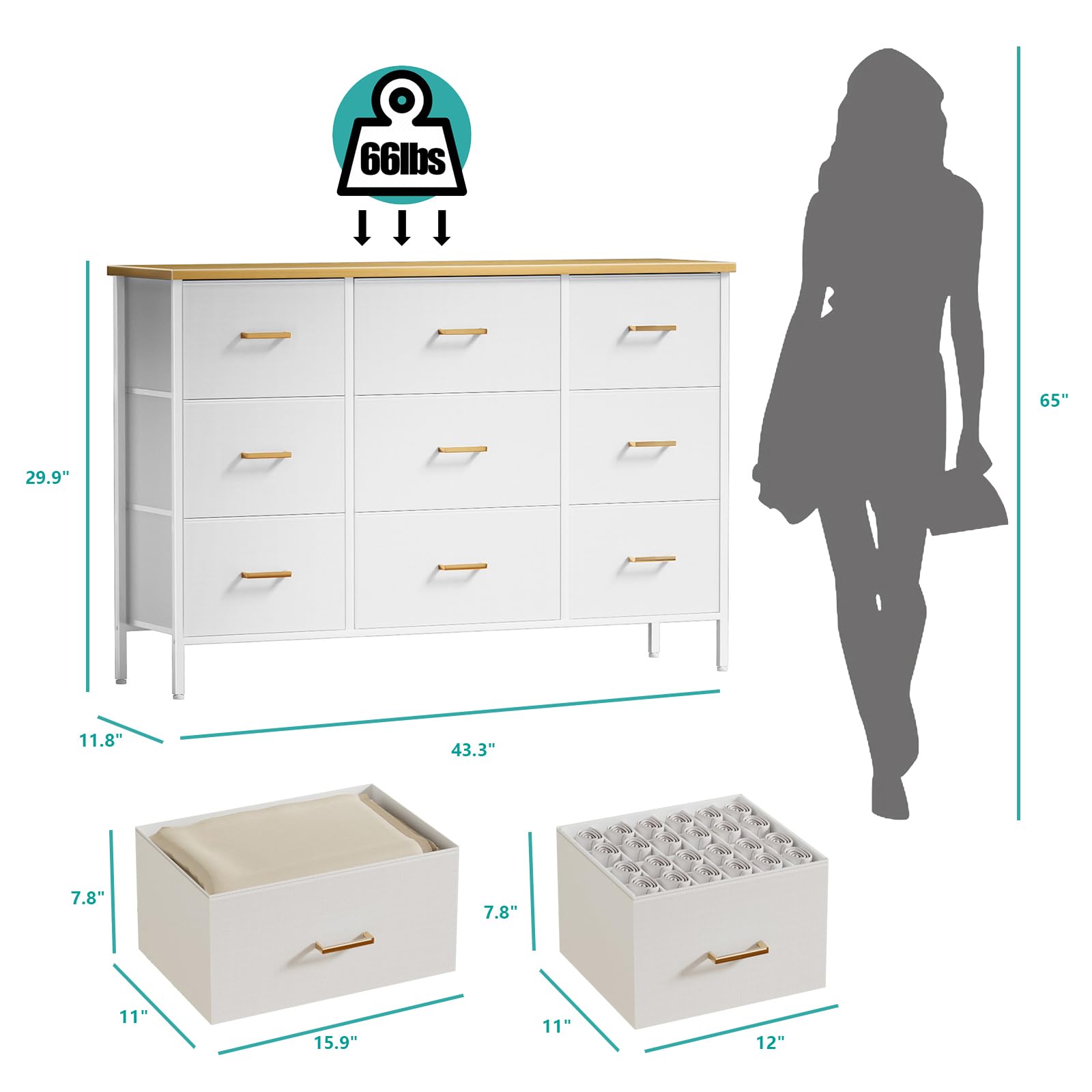 Modern Wide TV Stand with 9 Drawers - White Fabric Storage Cabinet for Bedroom, Living Room & Nursery | TV Console, Dresser & Closet Organizer for Home Entertainment & Storage Solutions