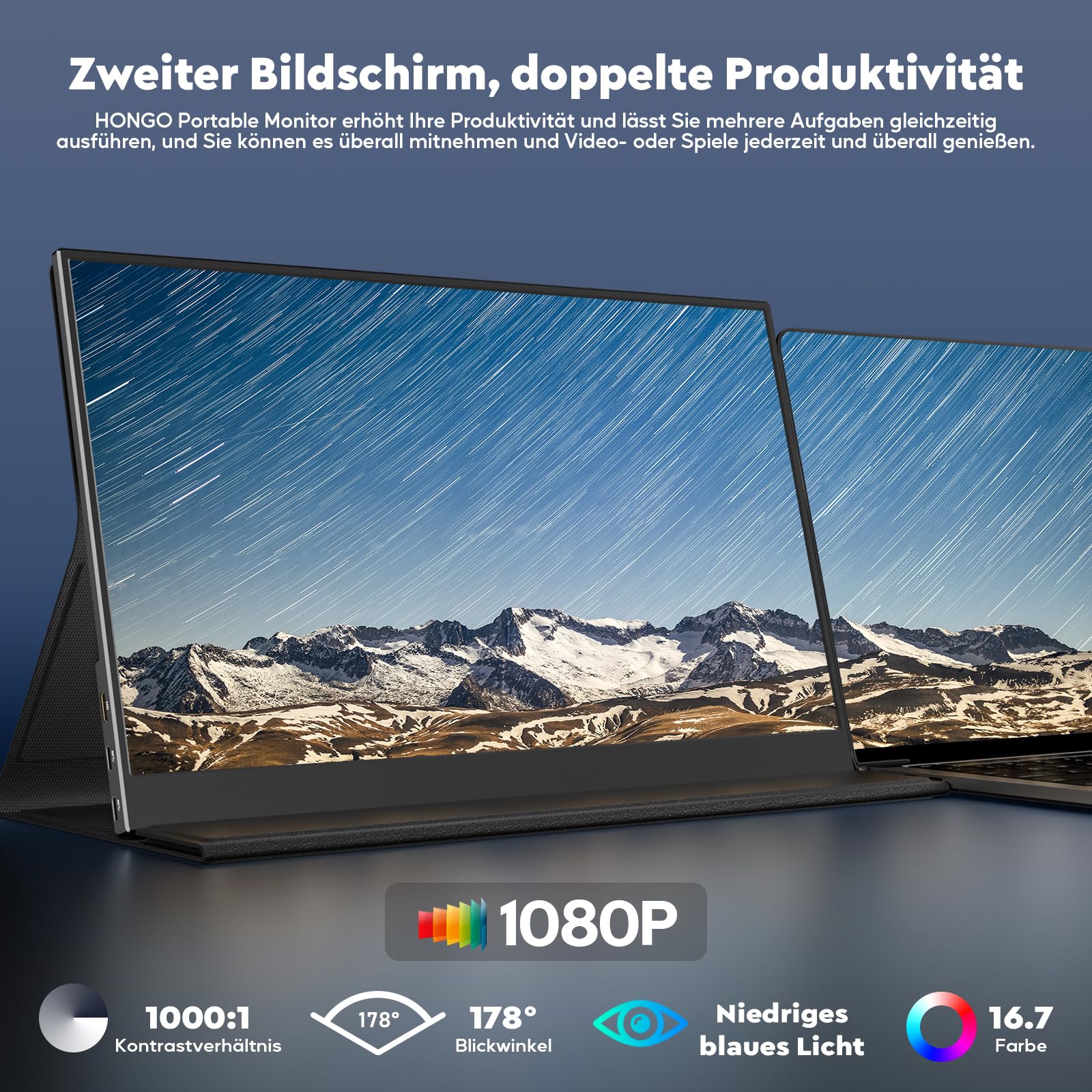 HONGO 15.6 Inch Portable Monitor - Full HD 1080P IPS Screen with Dual Speakers, USB-C & HDMI Ports for Laptop, PC, Mac, PS5, Xbox | Eye Care External Display with Protective Case | Perfect for Work, Gaming, and Travel