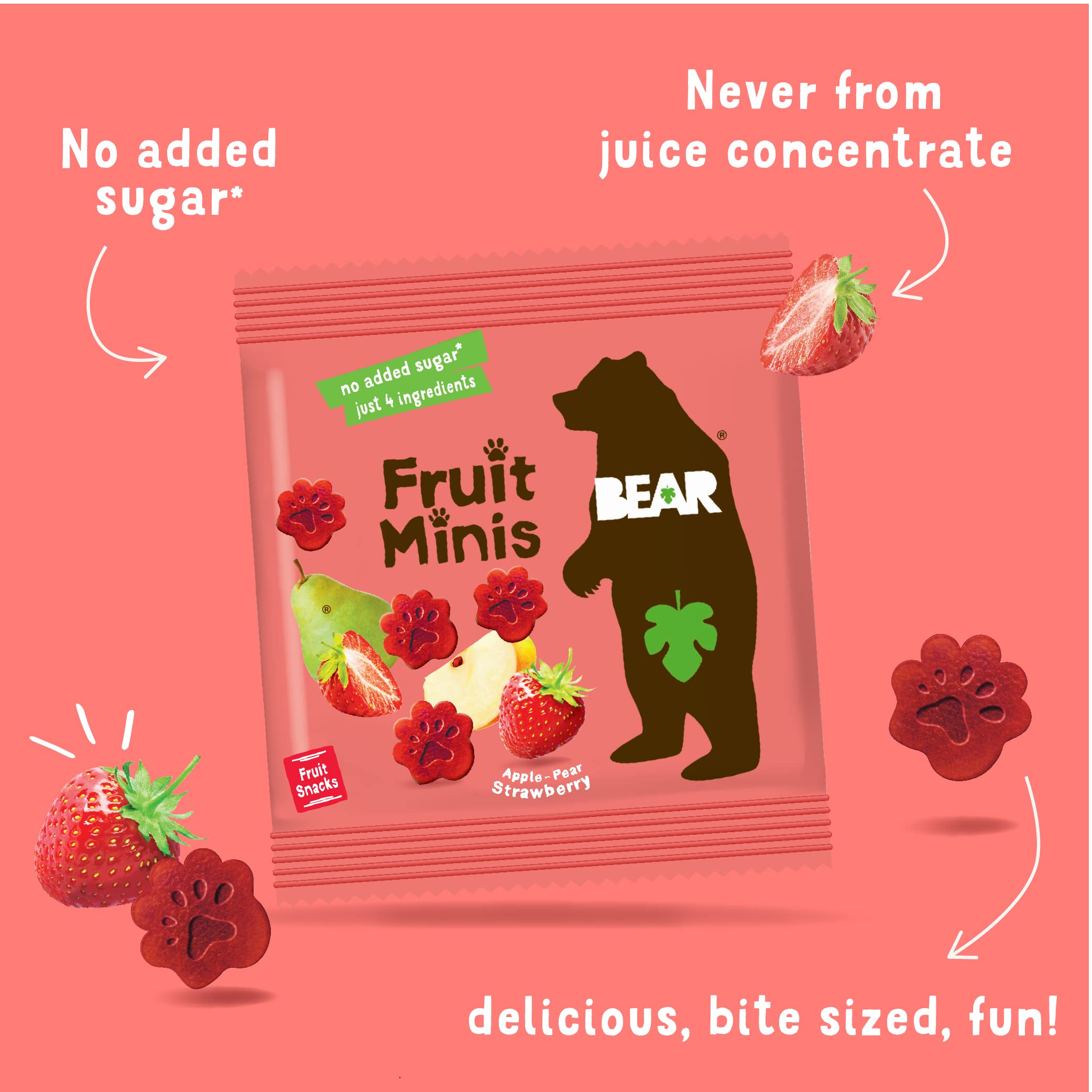 BEAR Real Fruit Snack Minis, Strawberry - 18 Pack of Healthy Gluten Free Vegan Non-GMO Bite-Sized Snacks (0.7 Oz) - Perfect for Kids Lunchboxes, School Snacks & On-the-Go Healthy Treats