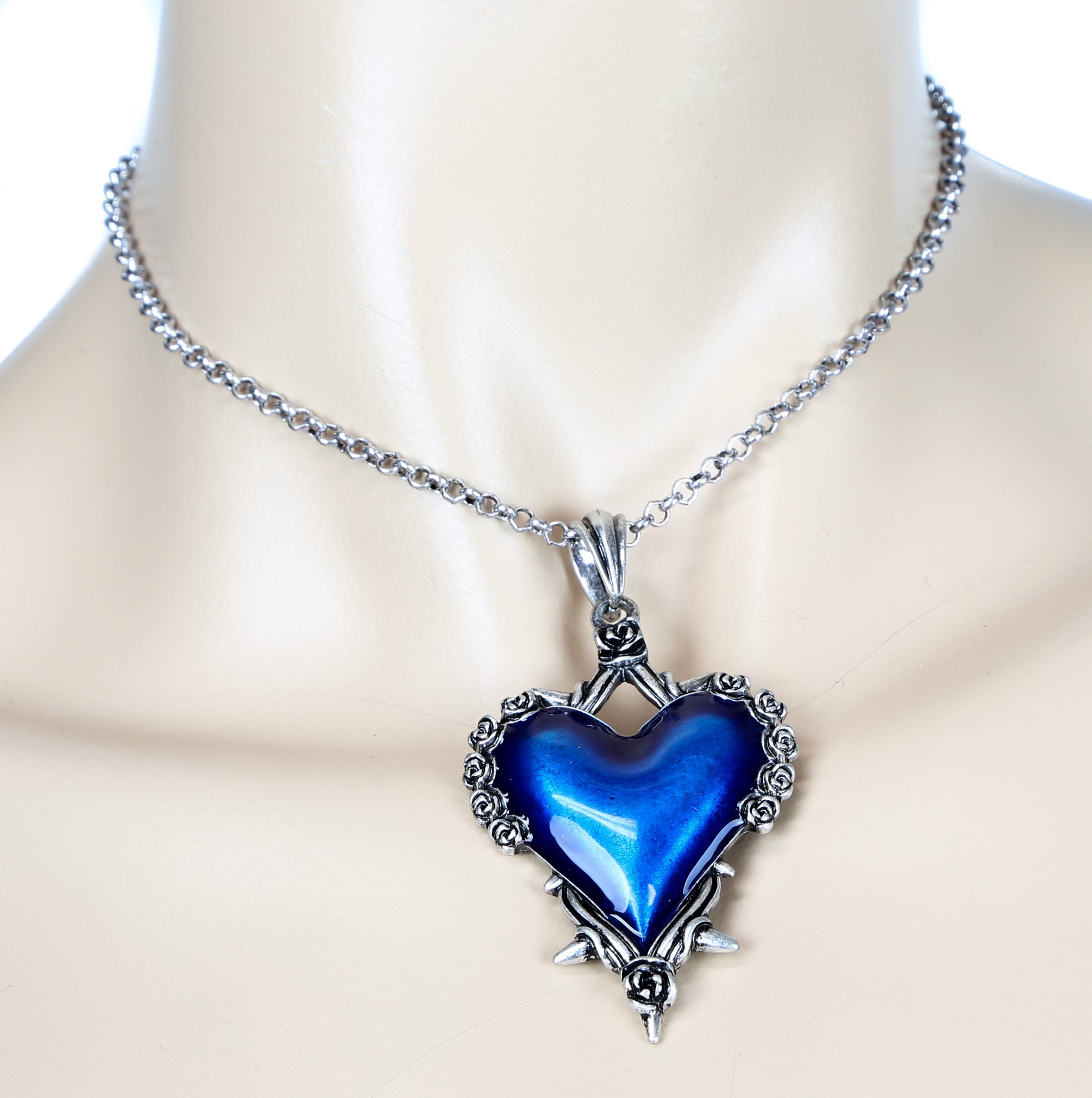 Gothic Blue Heart Rose Throne Pendant Necklace - Alchemy Punk Jewelry for Halloween & Alternative Fashion | Perfect for Goth, Steampunk, and Dark Aesthetic Outfits
