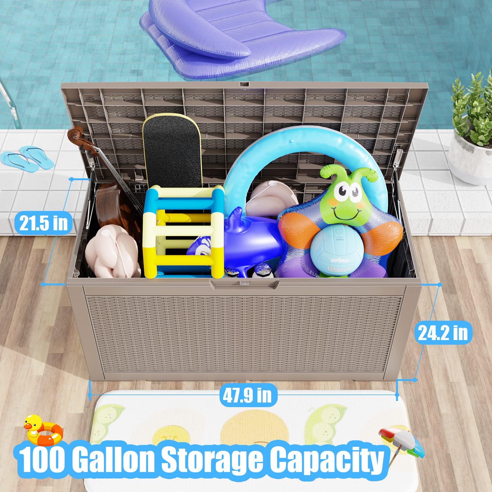 ROJIK 100 Gallon Outdoor Storage Deck Box - Waterproof Patio Furniture Cover, Garden Tools Organizer, Pool Accessories & Cushions Storage Bench with Lockable Lid & Side Handles (Cappuccino) - Perfect for Backyard, Deck, Poolside & Garden Organization
