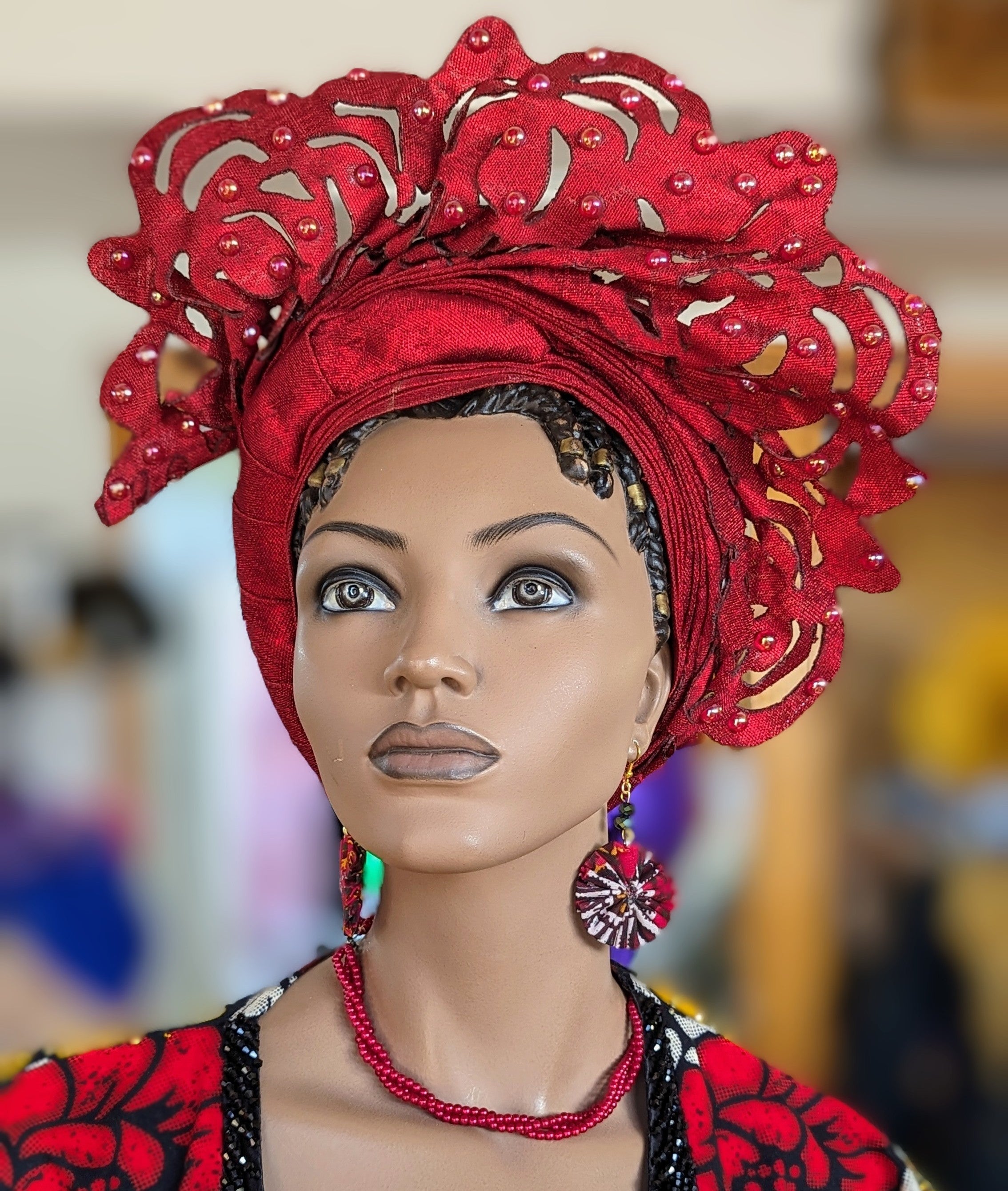 Bankeh Red Lazercut African Aso Oke Head Tie - Pre-Tied Autogele Head Wrap for Women | Elegant Cultural Fashion Accessory for Weddings, Parties & Special Occasions