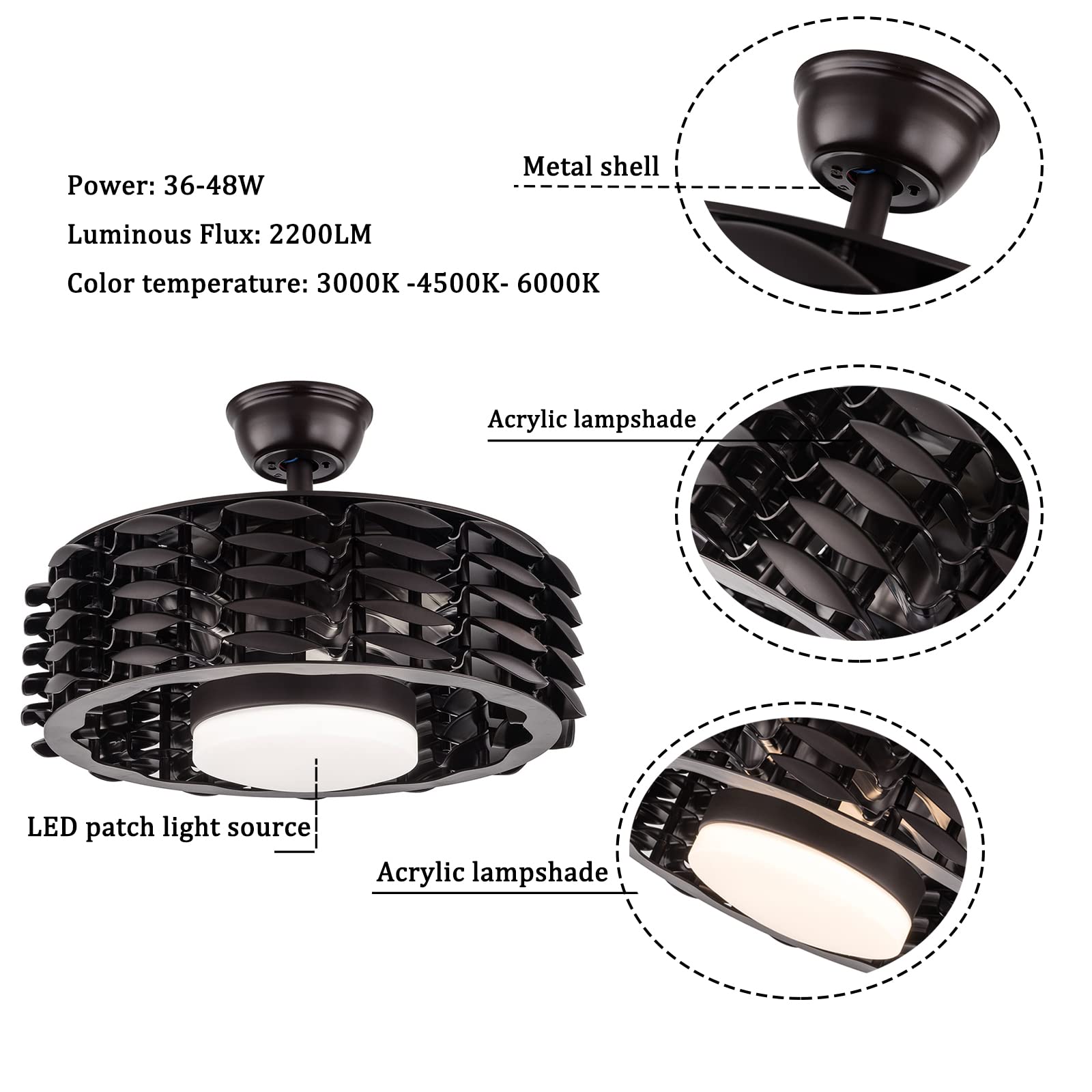 Bladeless Ceiling Fan with LED Light - Remote Control, 3 Color Changing & 3 Speed Settings - 22 Inch Modern Chandelier Style for Bedroom, Living Room, Kitchen (Coffee Black) - Perfect for Energy-Efficient Cooling and Ambient Lighting