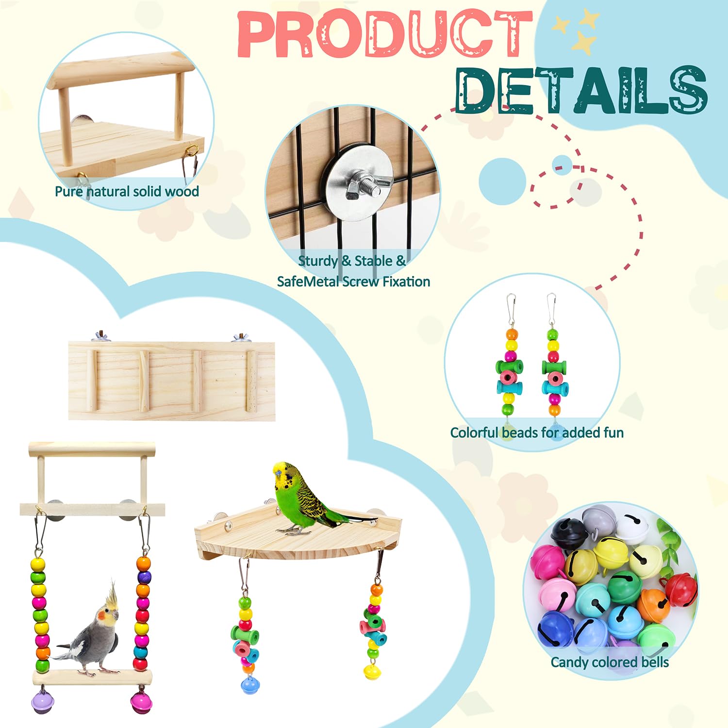 3PCS Natural Wood Bird Perches Platform Swing with Climbing Ladder - Safe Bungee Chew Toys for Parrots, Lovebirds, Budgies, Chinchillas & Small Pets - Cage Accessories for Climbing, Playing & Exercise - Perfect for Green Cheek Conures, Hamsters & Pet Birds