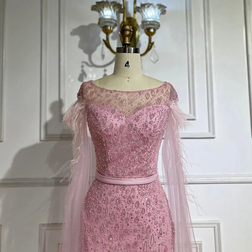 Serene Hill Pink Cape Sleeves Dubai Evening Gown - Mermaid Beaded Feather Dress for Women's Party & Special Occasions | Elegant Formal Wear for Weddings, Galas & Red Carpet Events