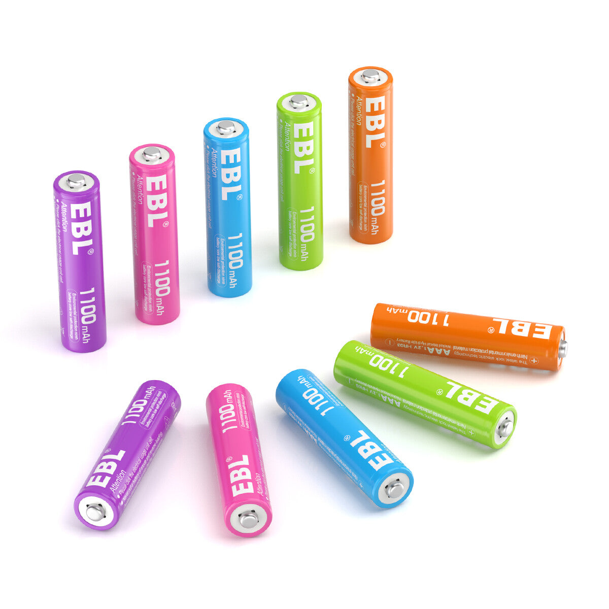 EBL 10-Pack Rainbow AAA Rechargeable Batteries 1.2V 1100mAh Ni-MH - Long Lasting Power for Toys, Flashlights, Remote Controls & Electronics