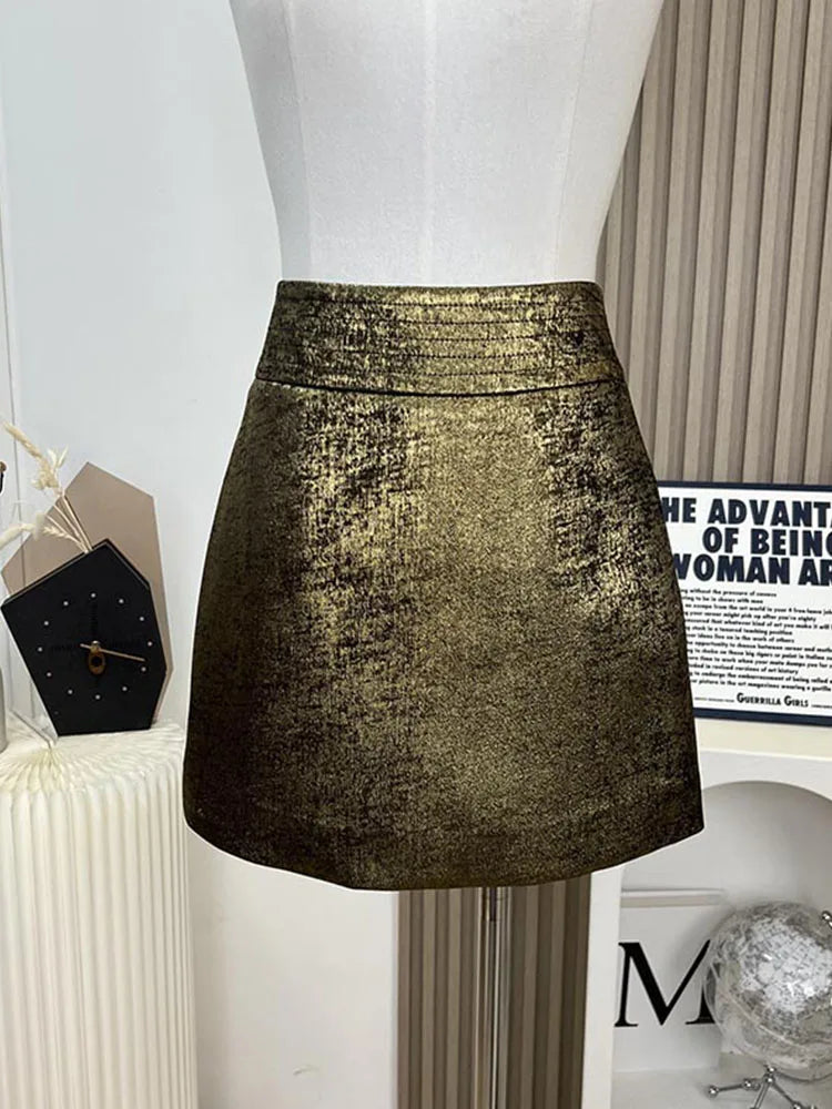 Luxury Golden Mini Skirt for Women - High Street Fashion A-Line Skirt | Sexy Office Wear & Streetwear Vintage Style | Perfect for Night Out, Club Party, and Casual Dating